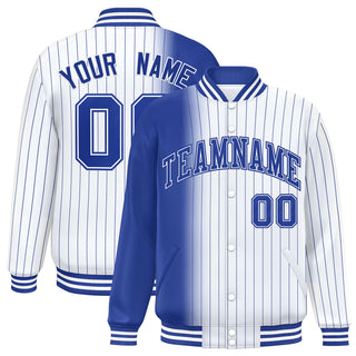 Chaqueta universitaria personalizada con estampado de rayas blancas y azul real con degradado y cierre completo - Estilo 1