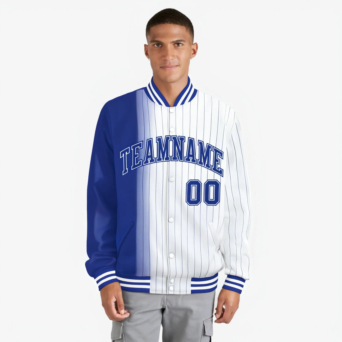 Custom White Royal Blue Pinstripe Royal Blue-White Gradient Fashion Varsity Full-Snap Jacket