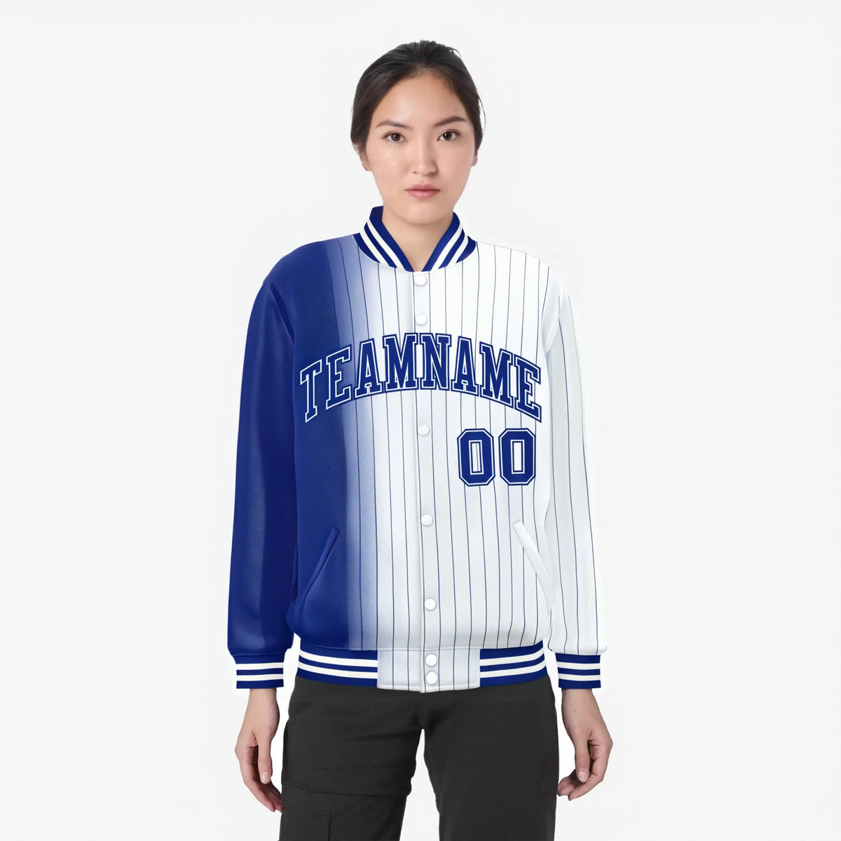 Custom White Royal Blue Pinstripe Royal Blue-White Gradient Fashion Varsity Full-Snap Jacket