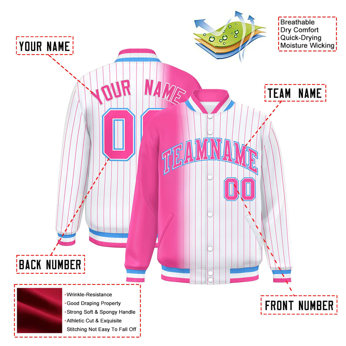 Custom White Pink Pinstripe Pink-Powder Blue Gradient Fashion Varsity Full-Snap Jacket