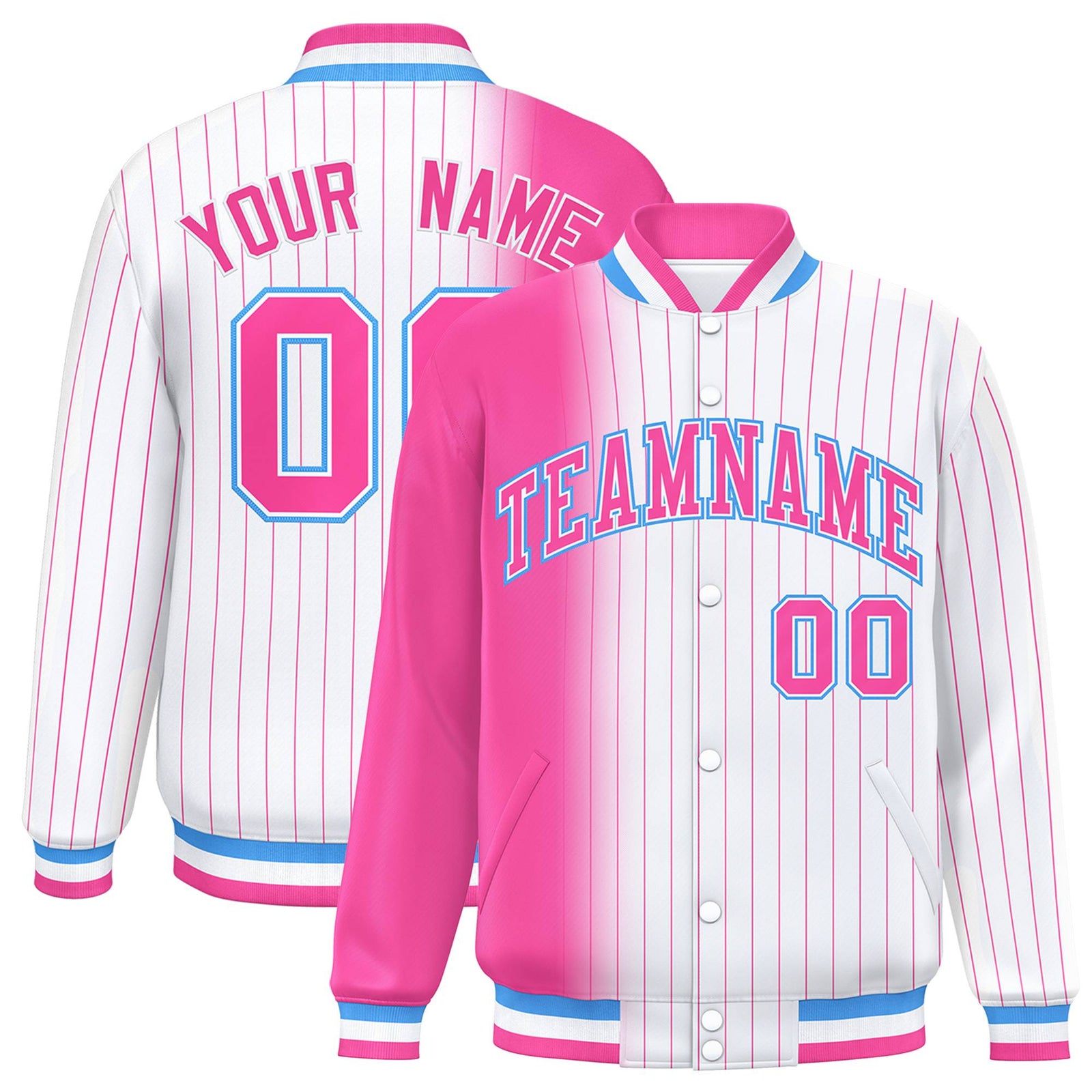 Custom White Pink Pinstripe Pink-Powder Blue Gradient Fashion Varsity Full-Snap Jacket