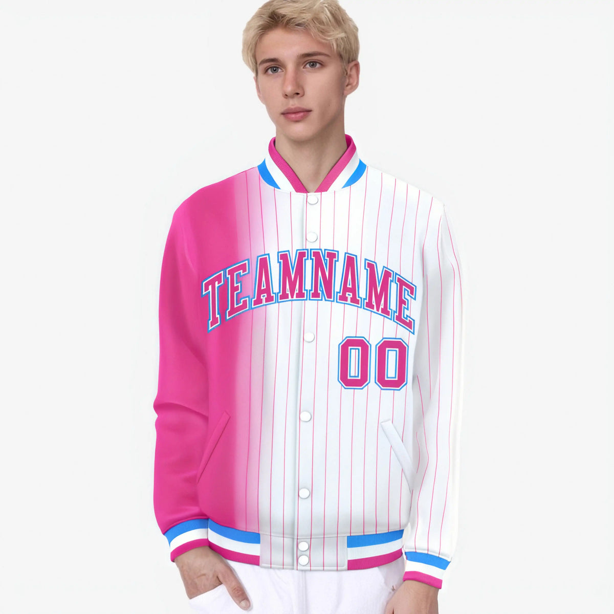 Custom White Pink Pinstripe Pink-Powder Blue Gradient Fashion Varsity Full-Snap Jacket