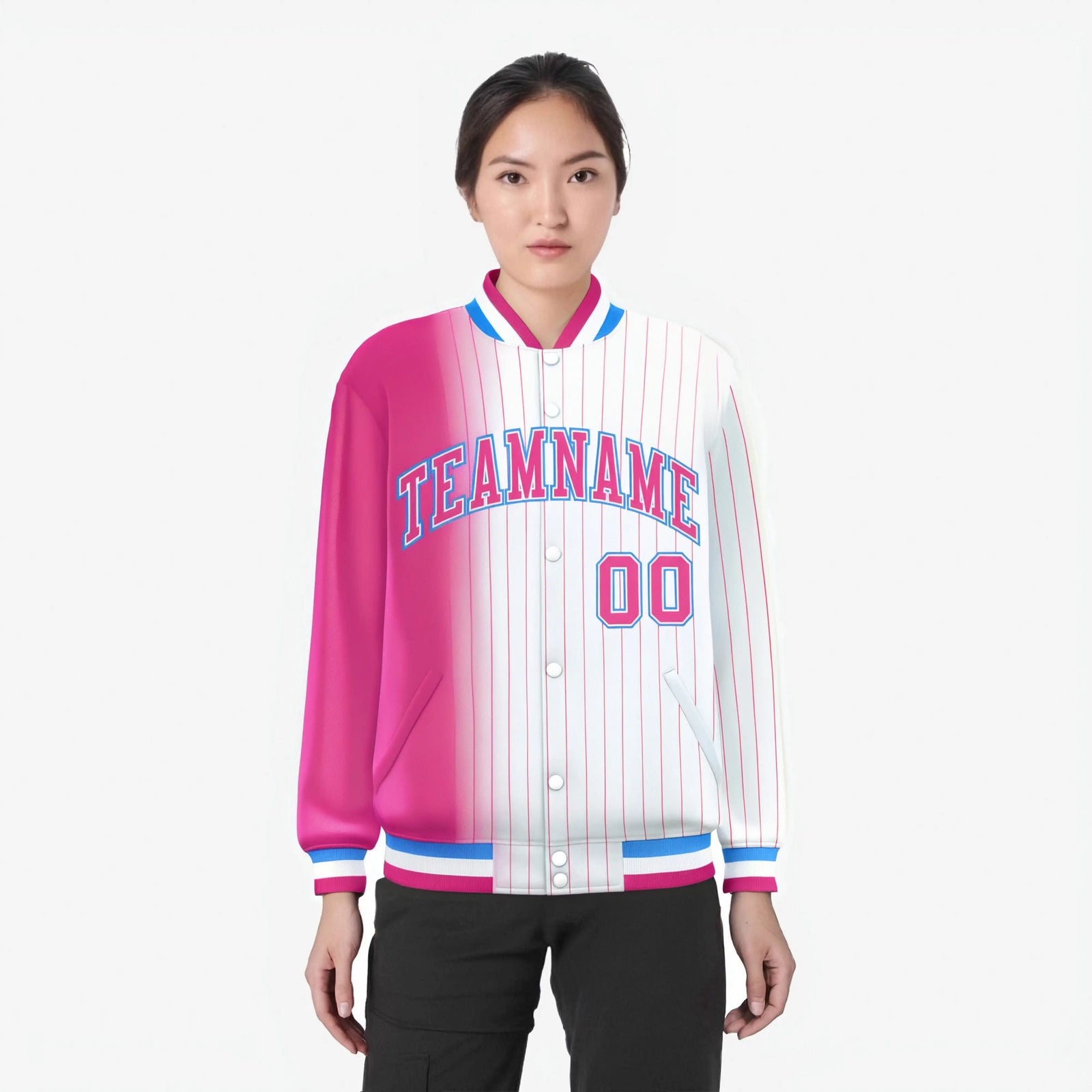 Custom White Pink Pinstripe Pink-Powder Blue Gradient Fashion Varsity Full-Snap Jacket