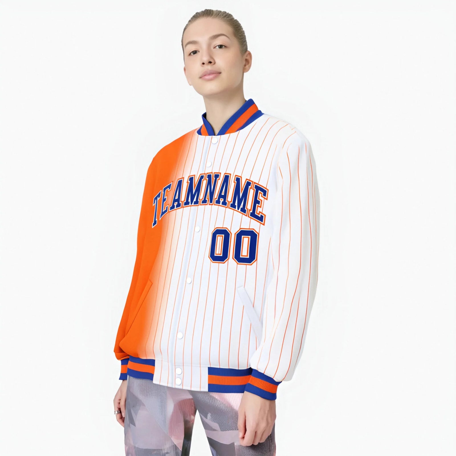 Custom White Orange Pinstripe Orange-Royal Blue Gradient Fashion Varsity Full-Snap Jacket