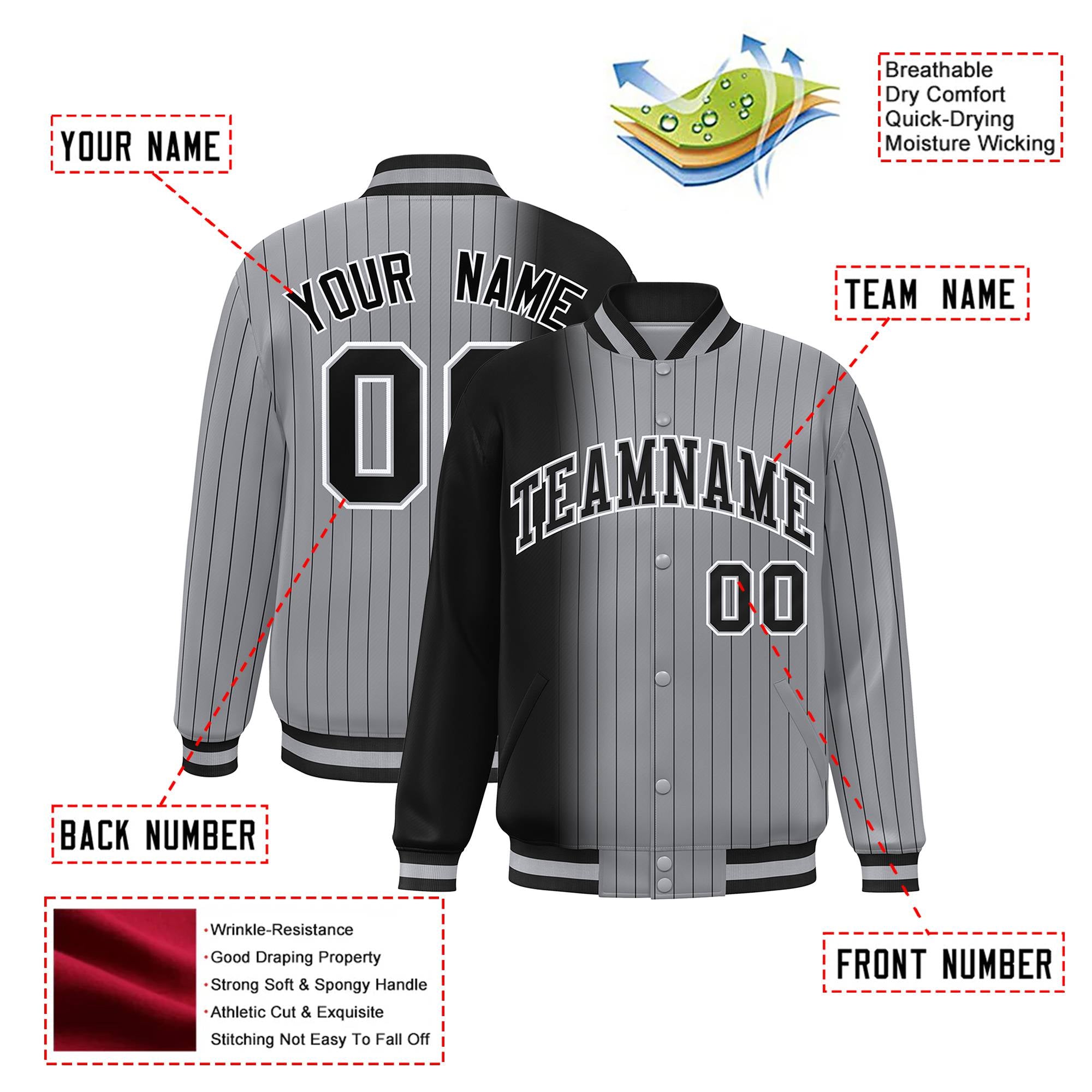 Custom Gray Black Pinstripe Black-White Gradient Fashion Varsity Full-Snap Jacket