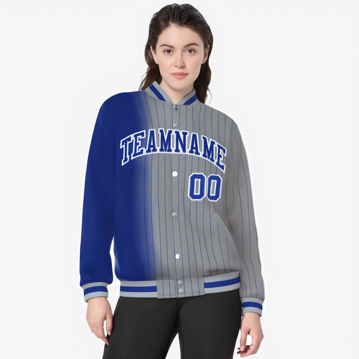 Custom Gray Royal Blue Pinstripe Royal Blue-White Gradient Fashion Varsity Full-Snap Jacket