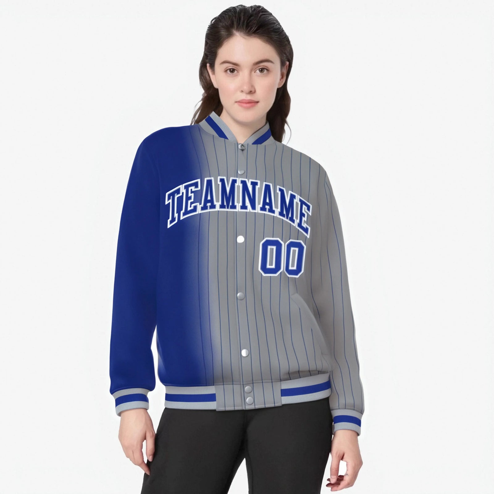 Custom Gray Royal Blue Pinstripe Royal Blue-White Gradient Fashion Varsity Full-Snap Jacket