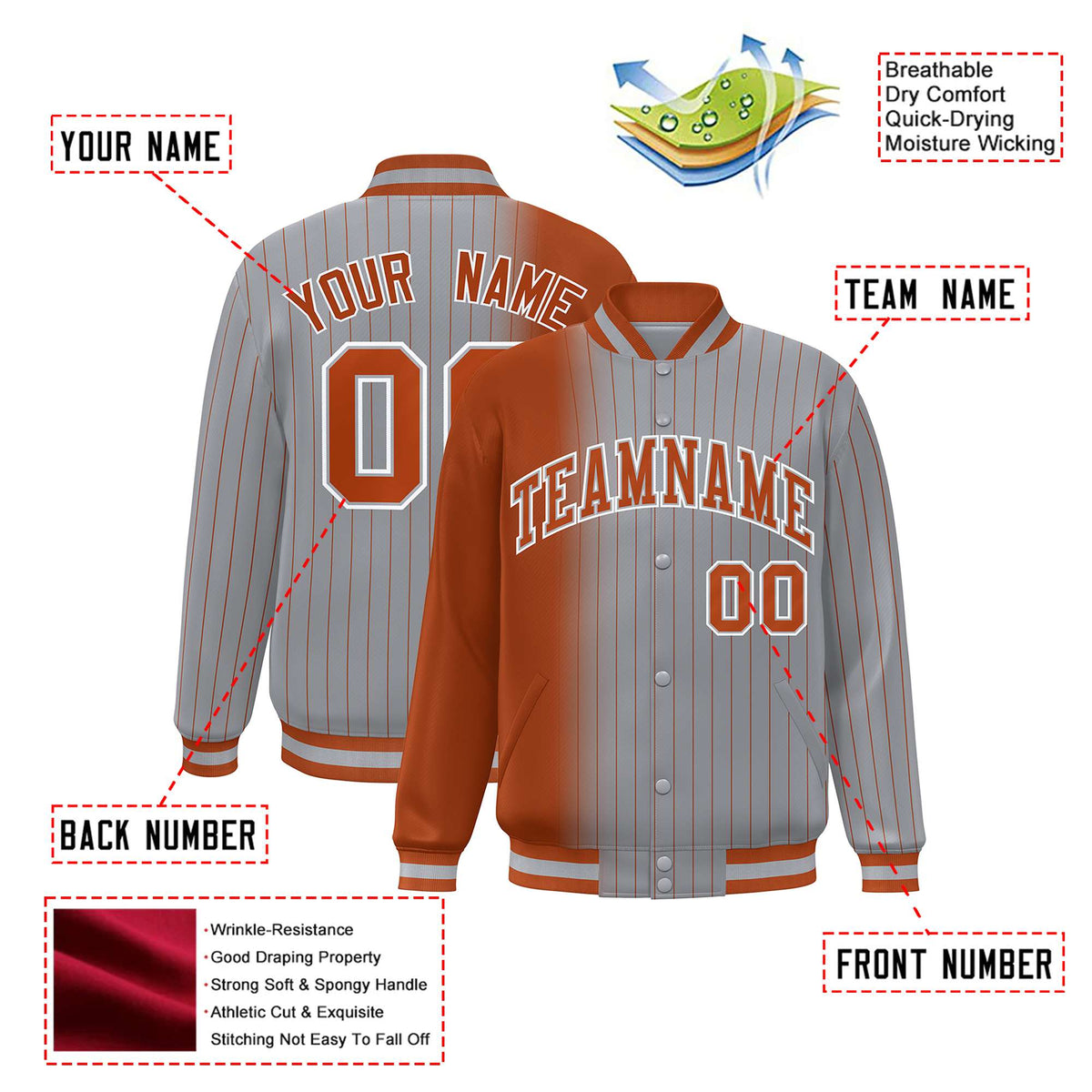 Custom Gray Munsell Pinstripe Munsell-White Gradient Fashion Varsity Full-Snap Jacket