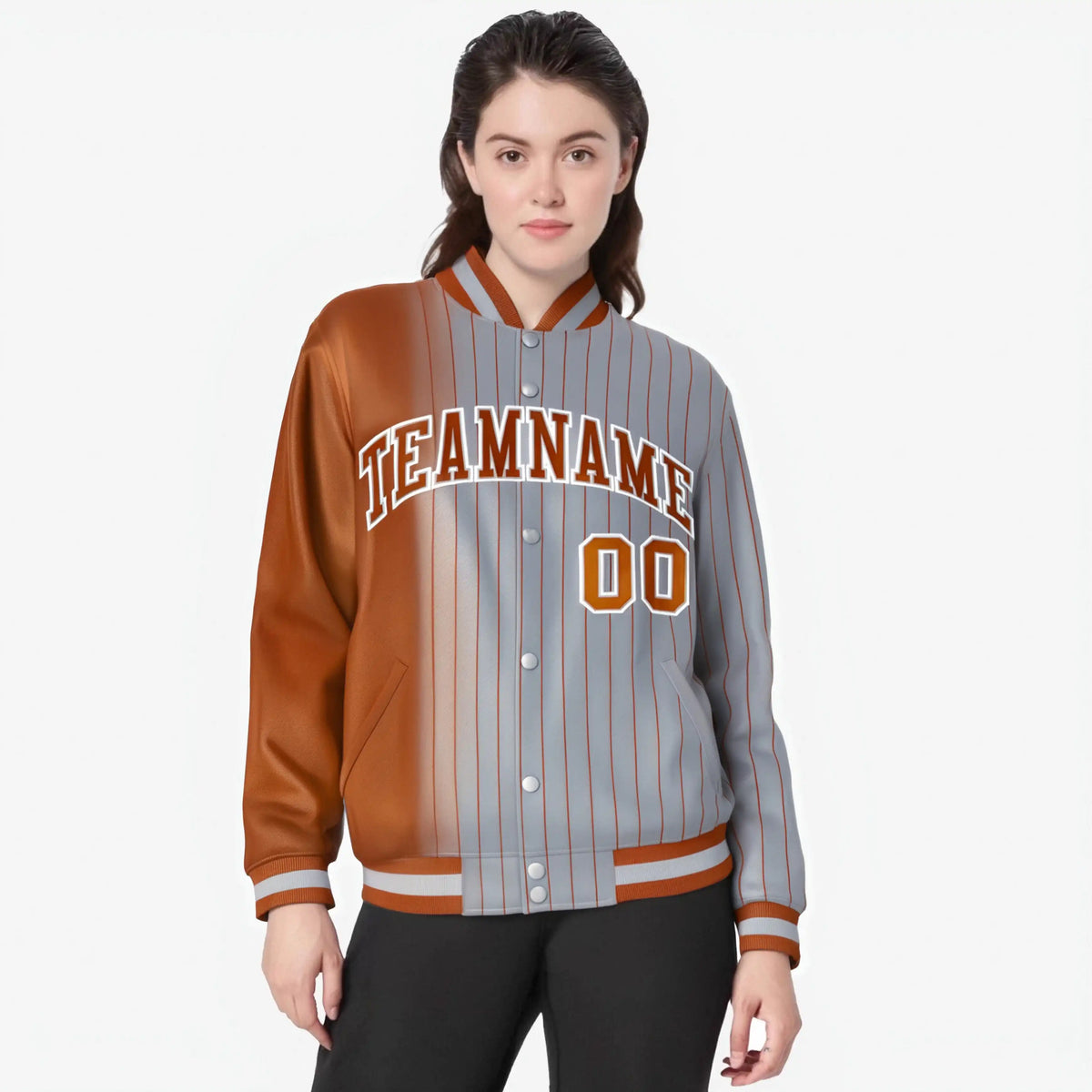 Custom Gray Munsell Pinstripe Munsell-White Gradient Fashion Varsity Full-Snap Jacket