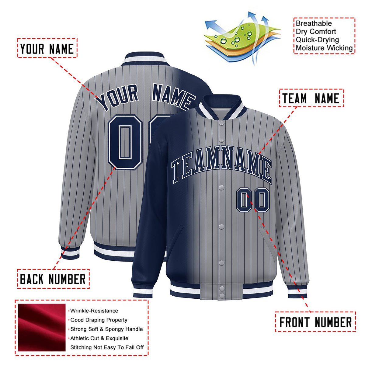 Custom Gray Navy Pinstripe Navy-White Gradient Fashion Varsity Full-Snap Jacket