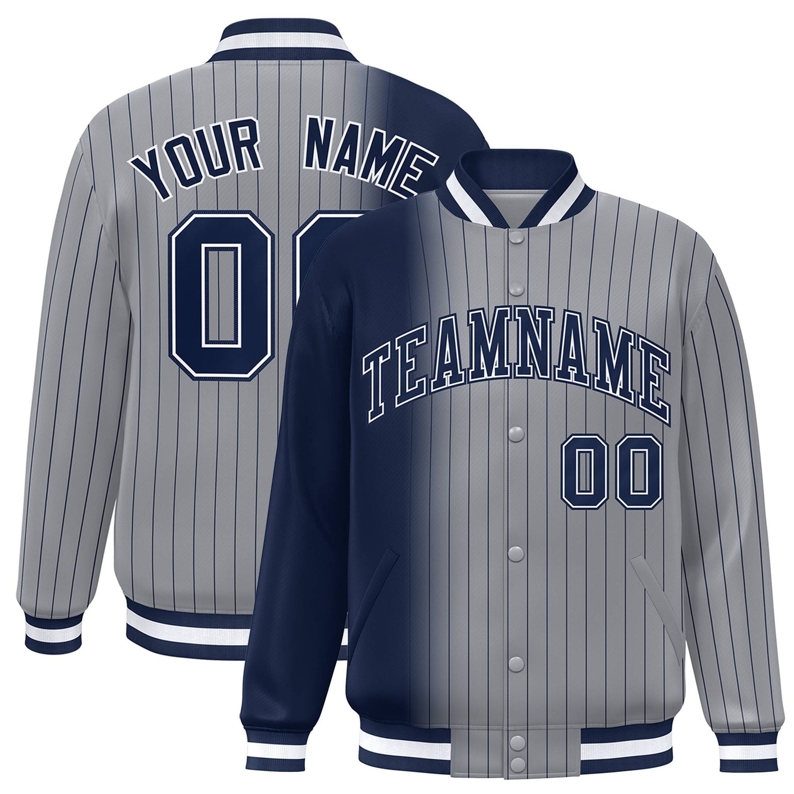 Custom Gray Navy Pinstripe Navy-White Gradient Fashion Varsity Full-Snap Jacket