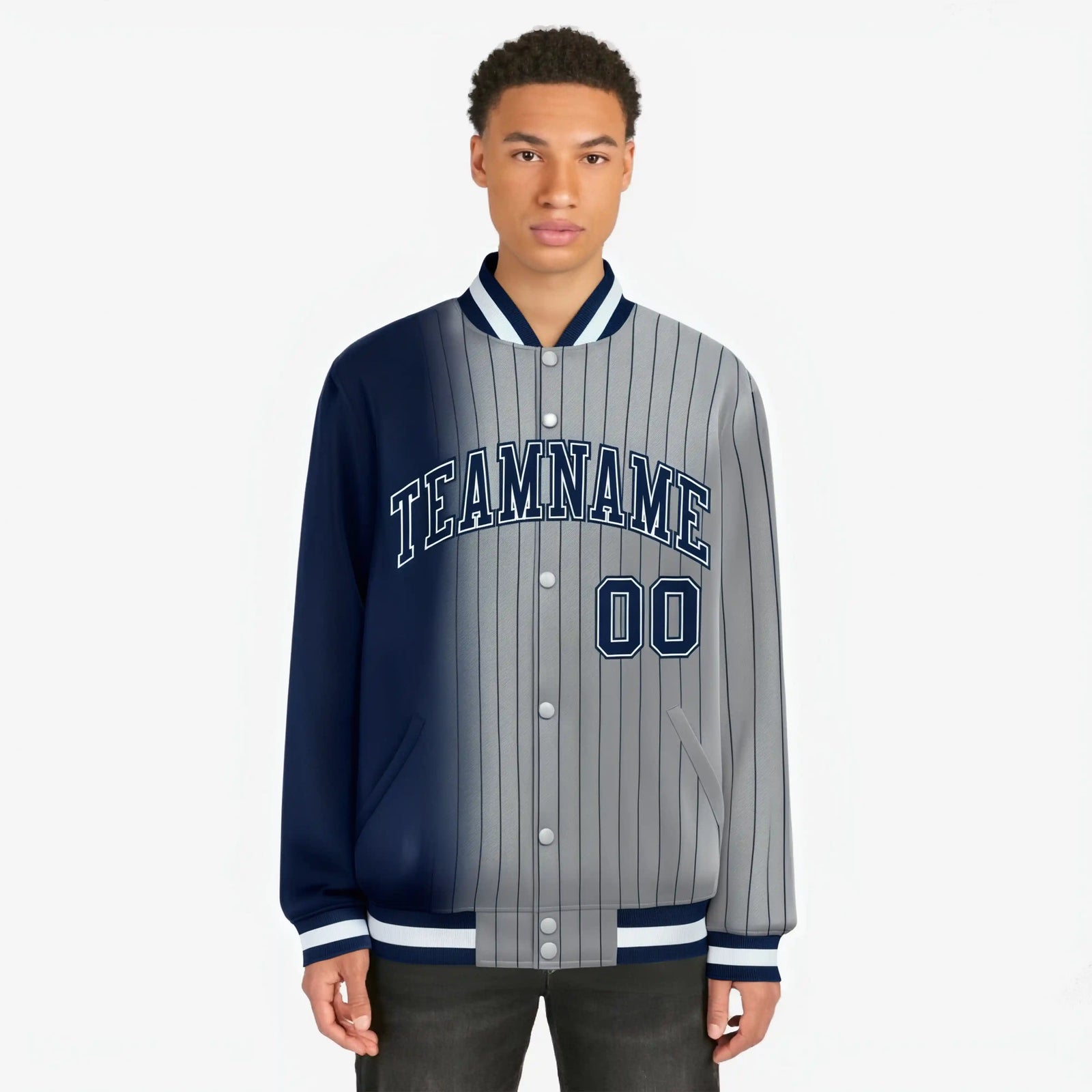 Custom Gray Navy Pinstripe Navy-White Gradient Fashion Varsity Full-Snap Jacket