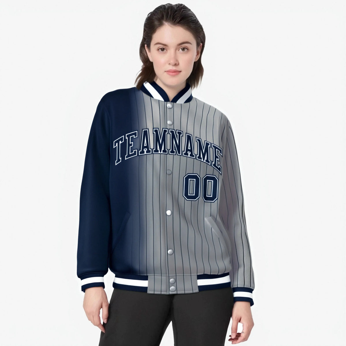 Custom Gray Navy Pinstripe Navy-White Gradient Fashion Varsity Full-Snap Jacket