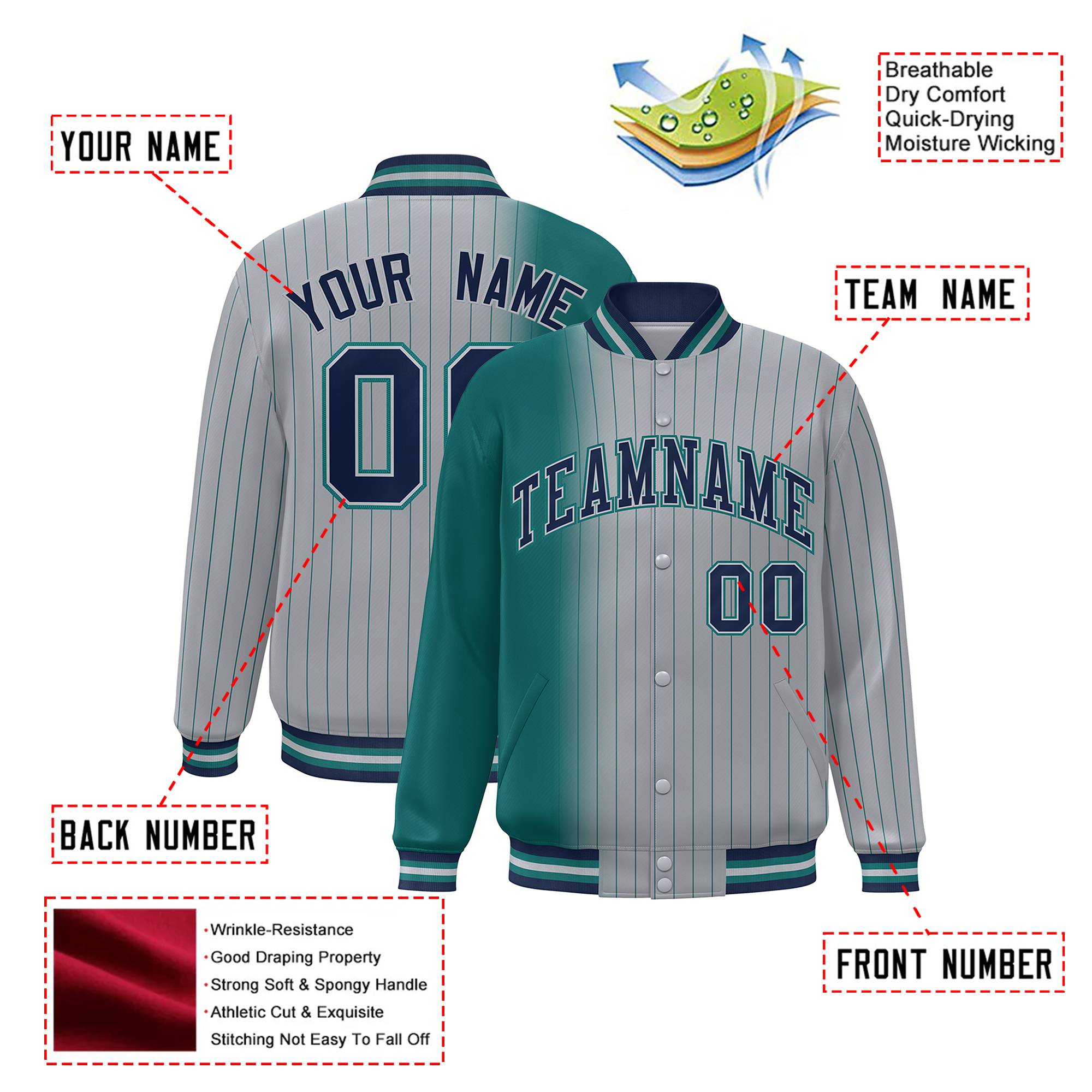 Custom Gray Teal Pinstripe Navy-Teal Gradient Fashion Varsity Full-Snap Jacket