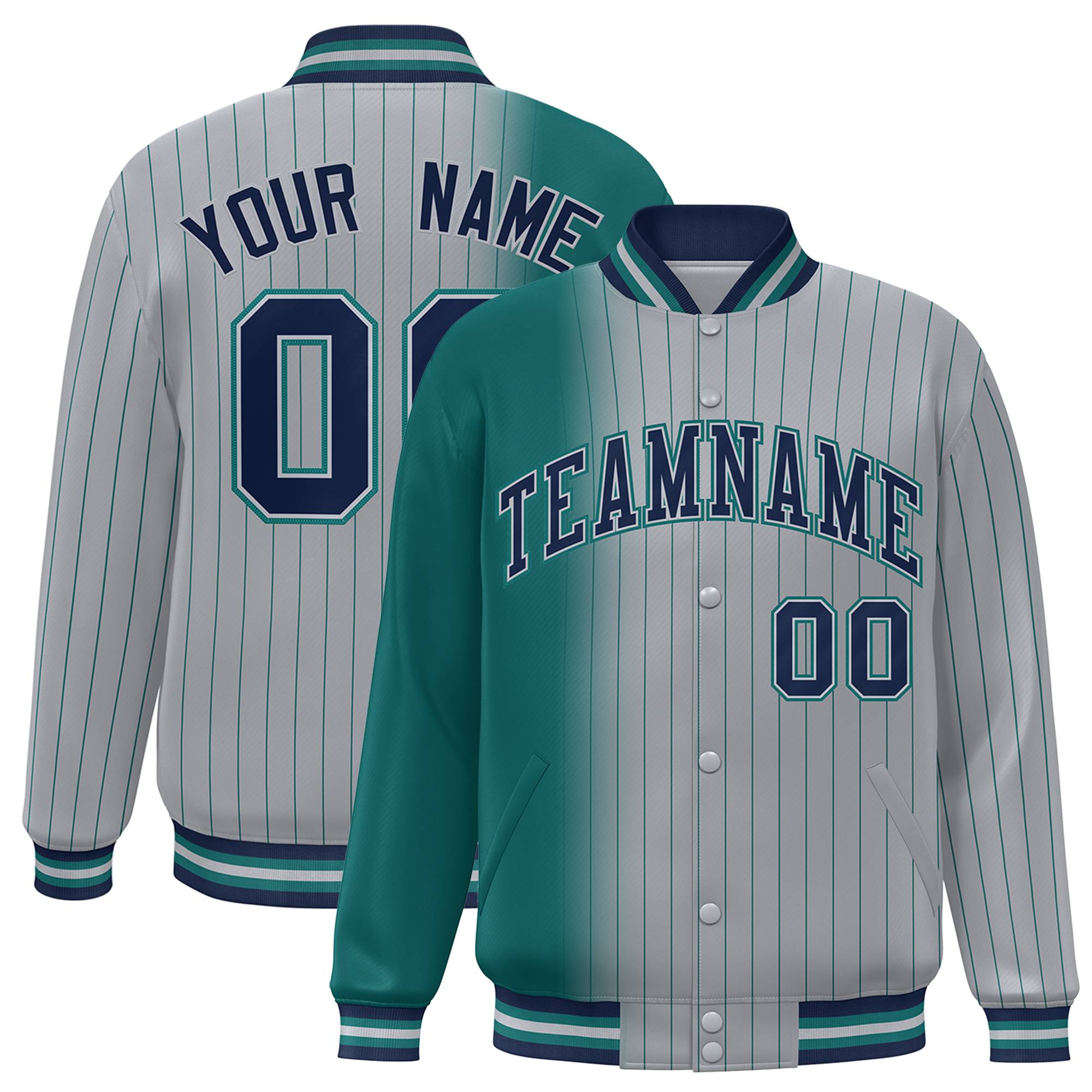 Custom Gray Teal Pinstripe Navy-Teal Gradient Fashion Varsity Full-Snap Jacket