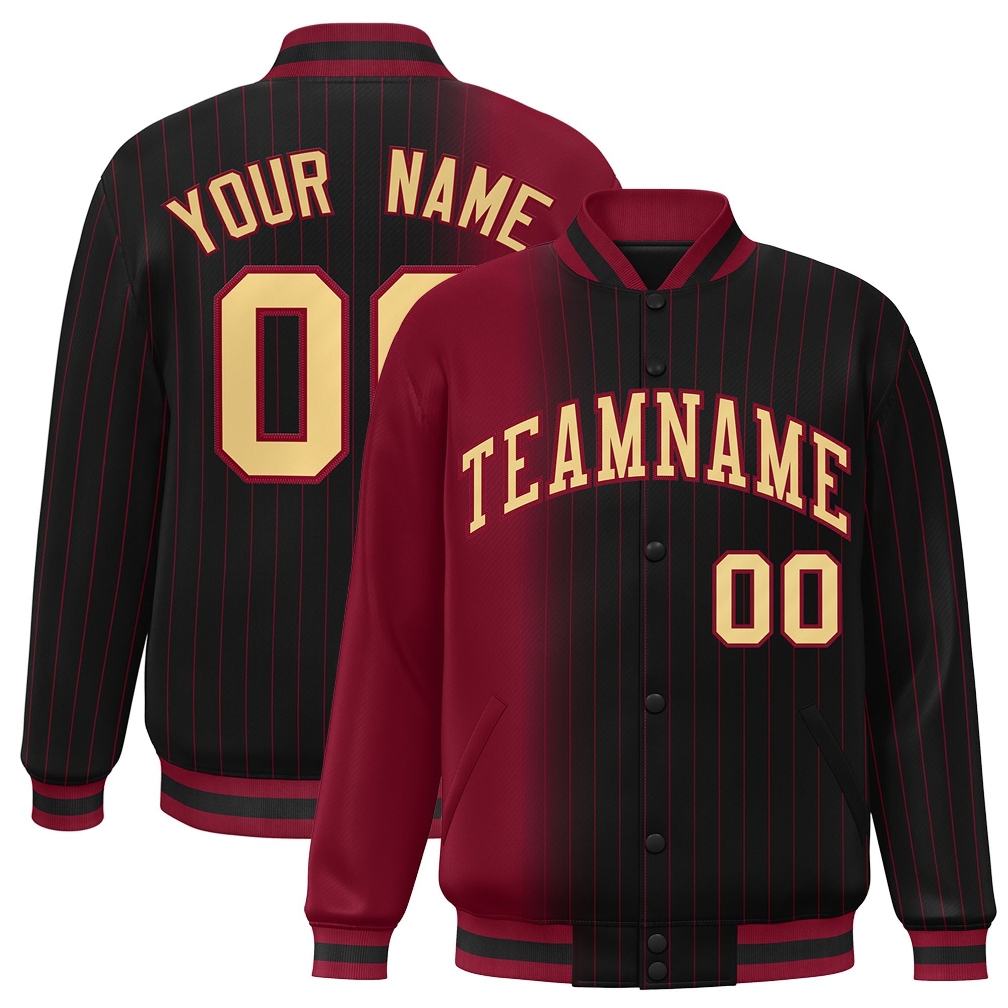 Custom Black Crimson Pinstripe Old Gold-Crimson Gradient Fashion Varsity Full-Snap Jacket