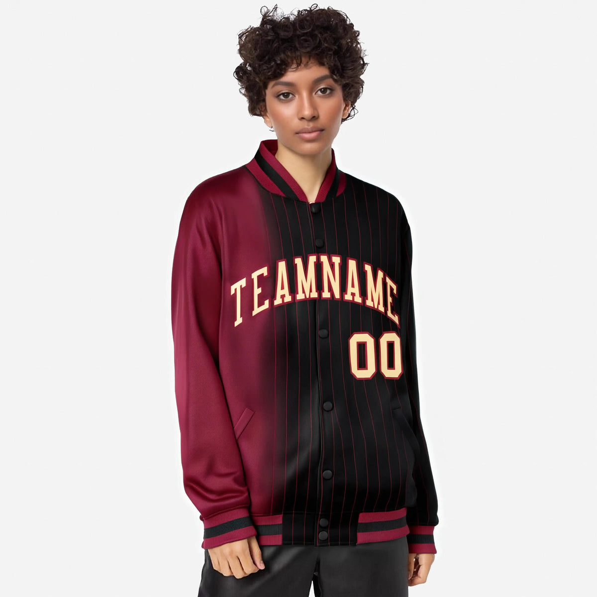 Custom Black Crimson Pinstripe Old Gold-Crimson Gradient Fashion Varsity Full-Snap Jacket