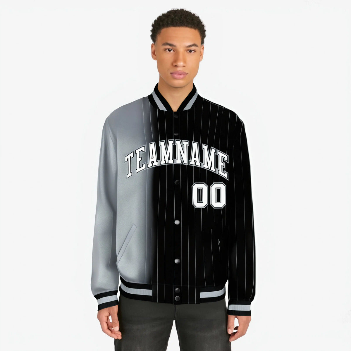 Custom Black Gray Pinstripe White-Gray Gradient Fashion Varsity Full-Snap Jacket