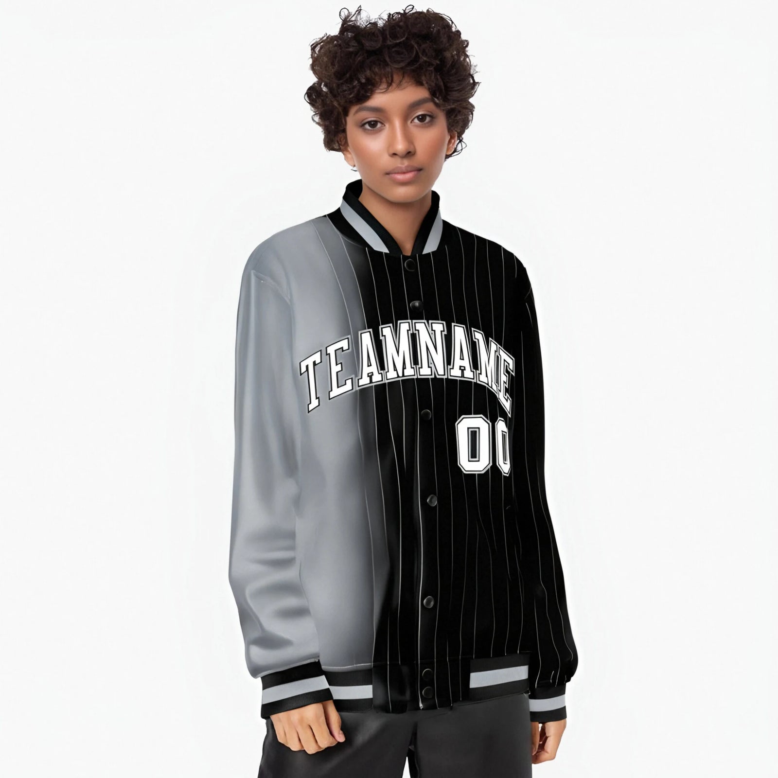 Custom Black Gray Pinstripe White-Gray Gradient Fashion Varsity Full-Snap Jacket