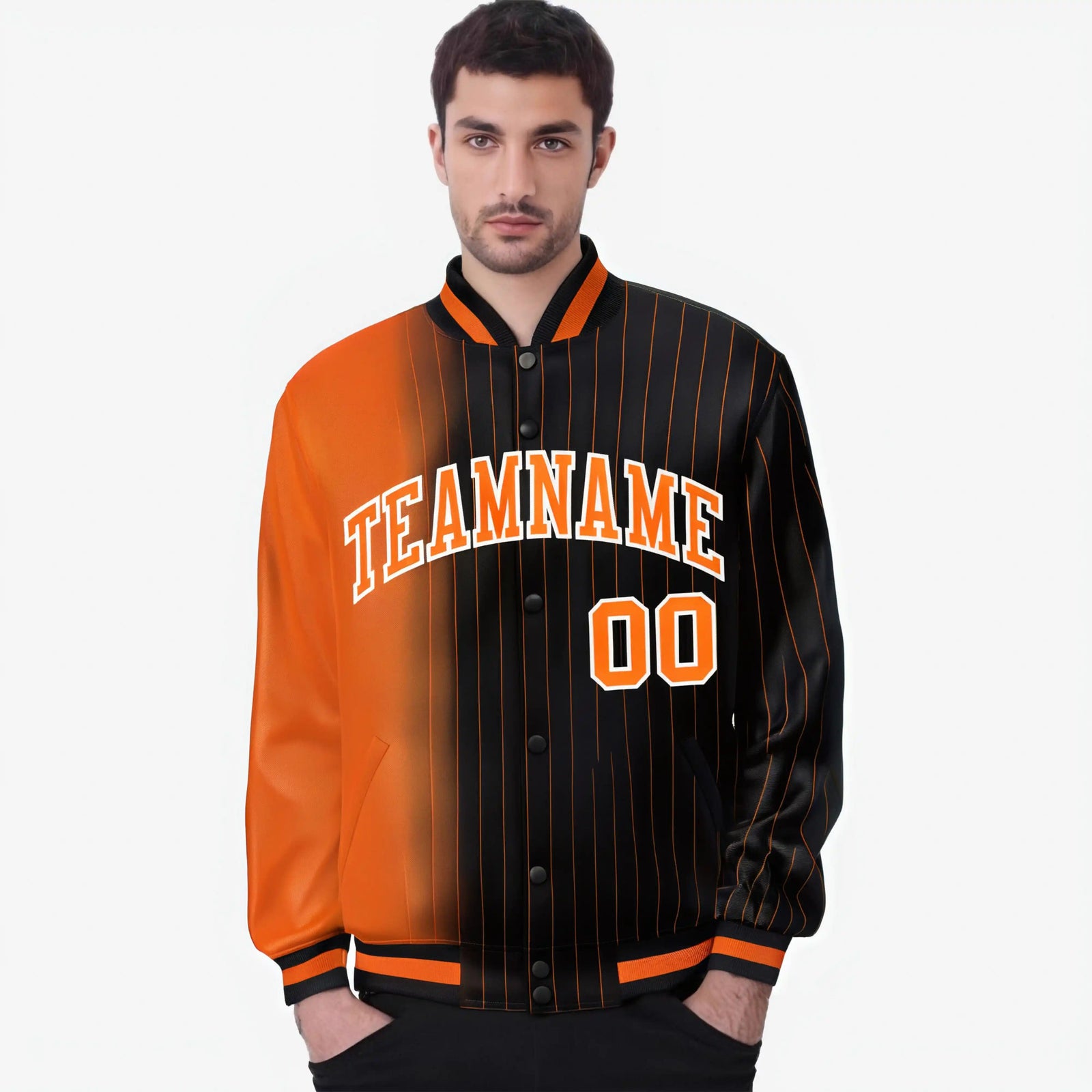 Custom Black Orange Pinstripe Orange-White Gradient Fashion Varsity Full-Snap Jacket
