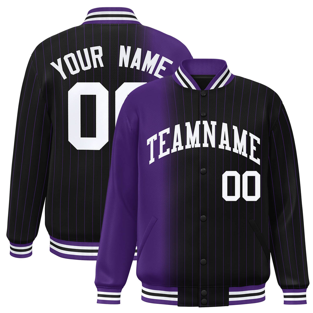 Custom Black Purple Pinstripe White-Purple Gradient Fashion Varsity Full-Snap Jacket