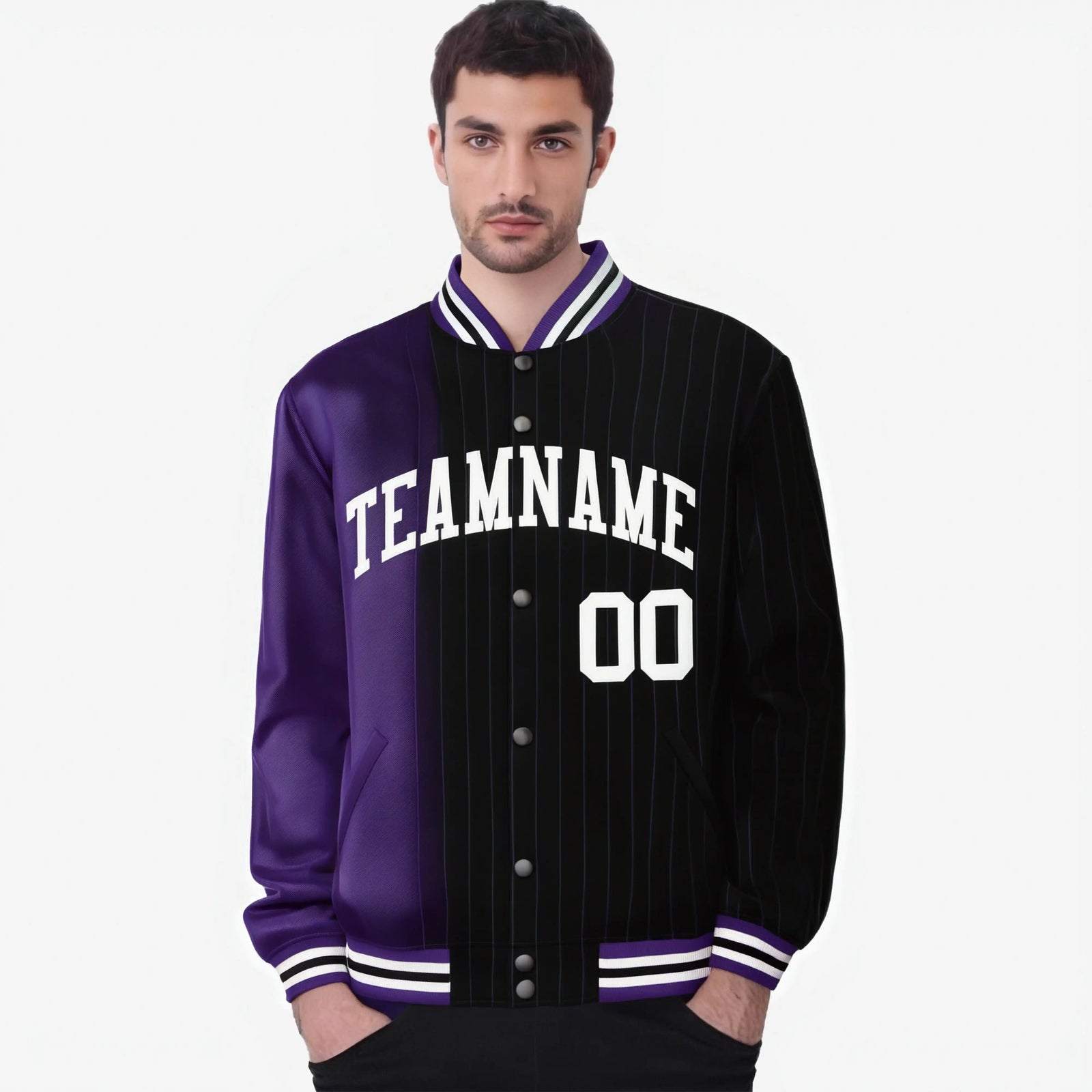 Custom Black Purple Pinstripe White-Purple Gradient Fashion Varsity Full-Snap Jacket