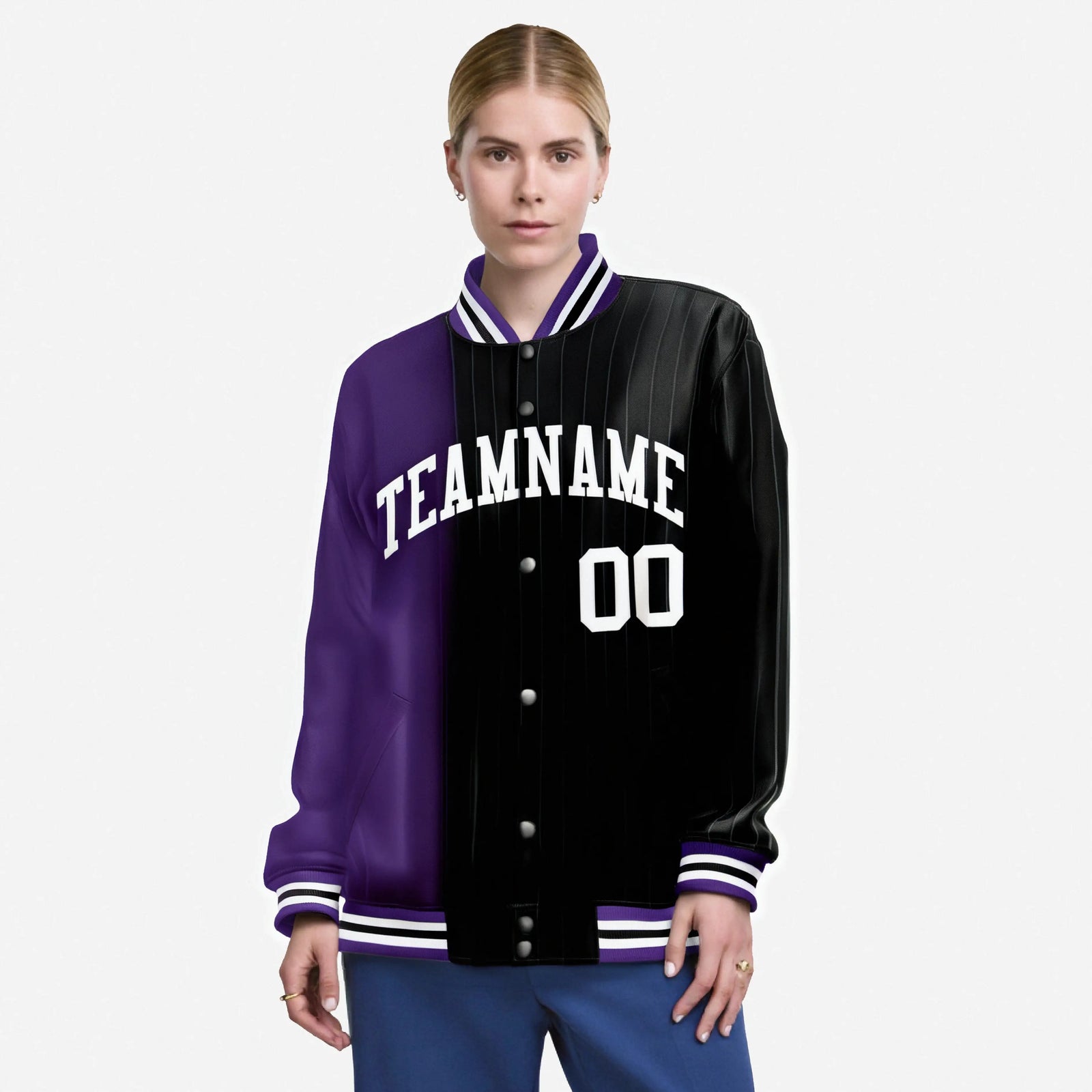 Custom Black Purple Pinstripe White-Purple Gradient Fashion Varsity Full-Snap Jacket