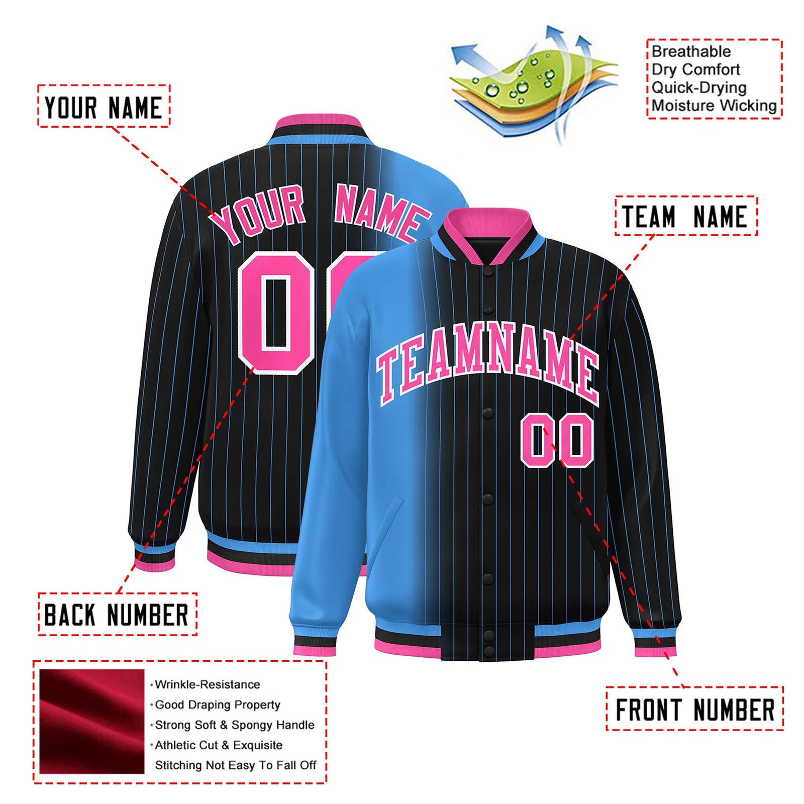 Custom Black Powder Blue Pinstripe Pink-Powder Blue Gradient Fashion Varsity Full-Snap Jacket