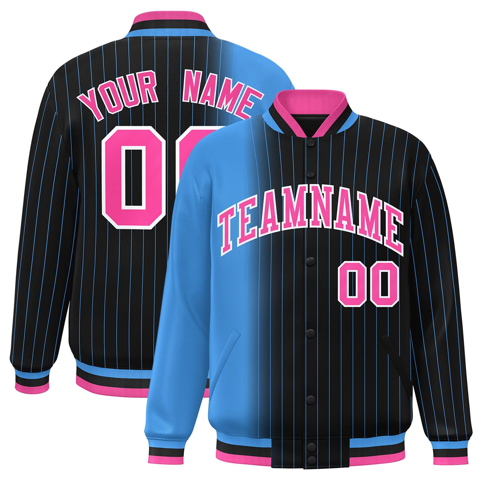 Custom Black Powder Blue Pinstripe Pink-Powder Blue Gradient Fashion Varsity Full-Snap Jacket
