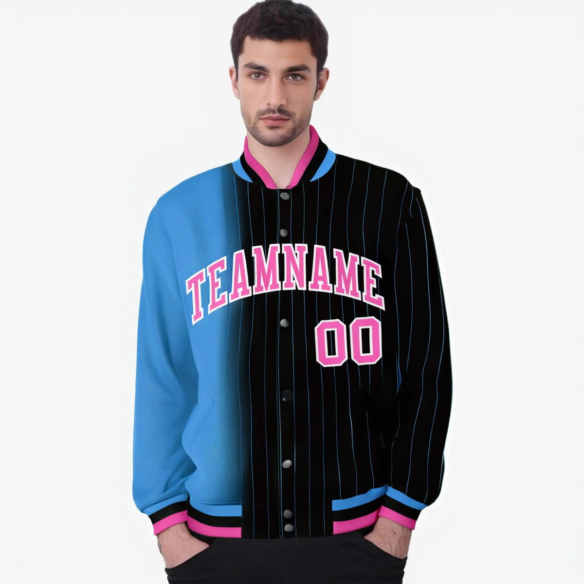 Custom Black Powder Blue Pinstripe Pink-Powder Blue Gradient Fashion Varsity Full-Snap Jacket