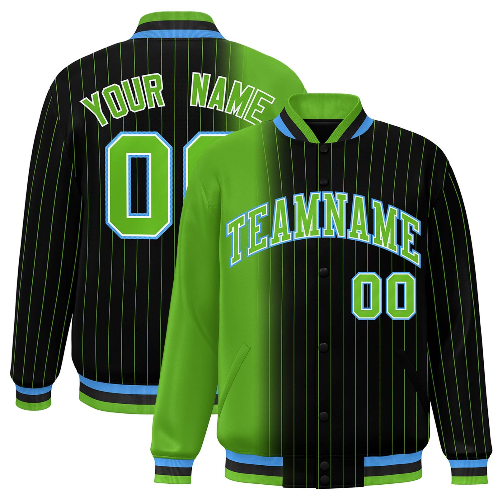 Custom Black Neon Green Pinstripe Powder Blue-Neon Green Gradient Fashion Varsity Full-Snap Jacket