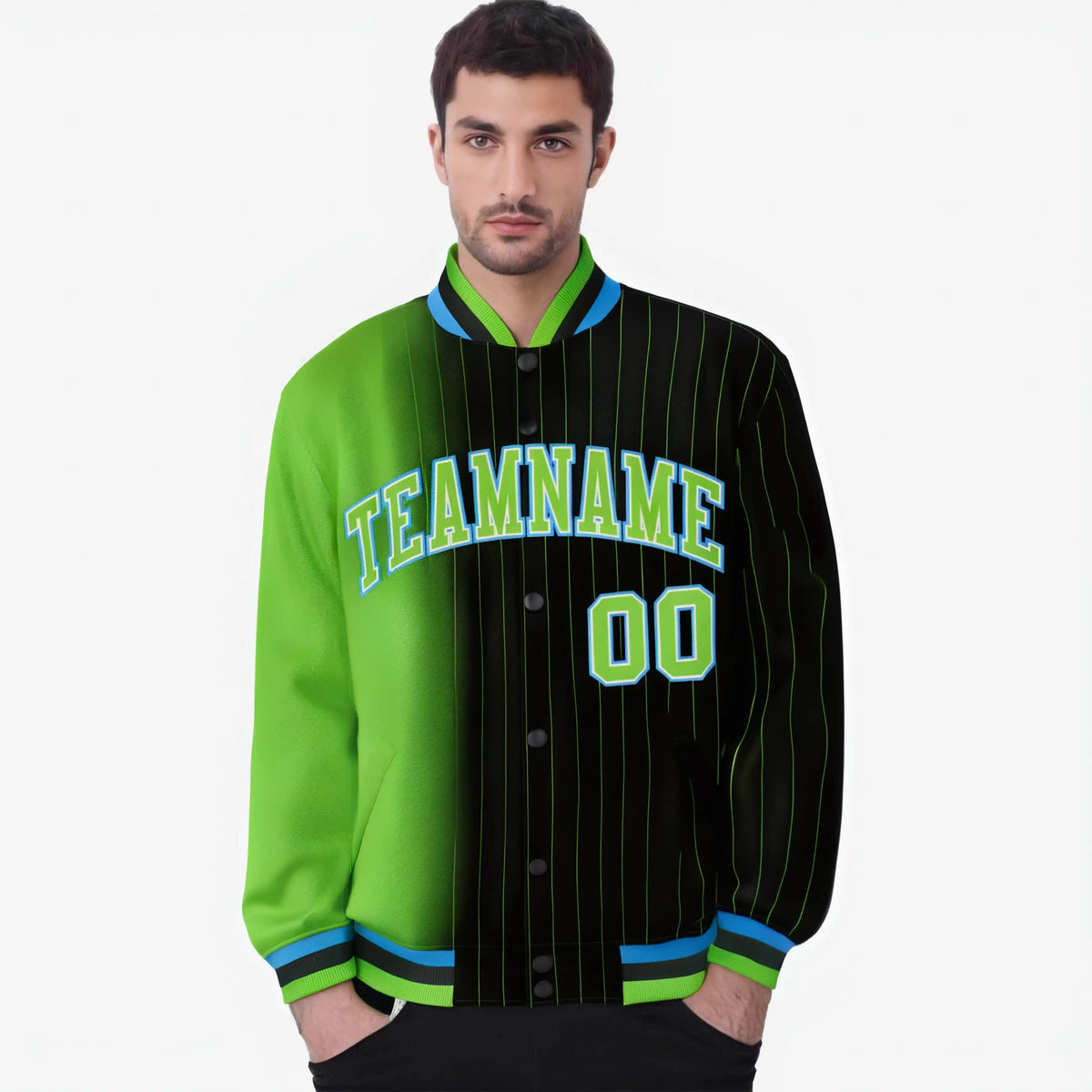 Custom Black Neon Green Pinstripe Powder Blue-Neon Green Gradient Fashion Varsity Full-Snap Jacket
