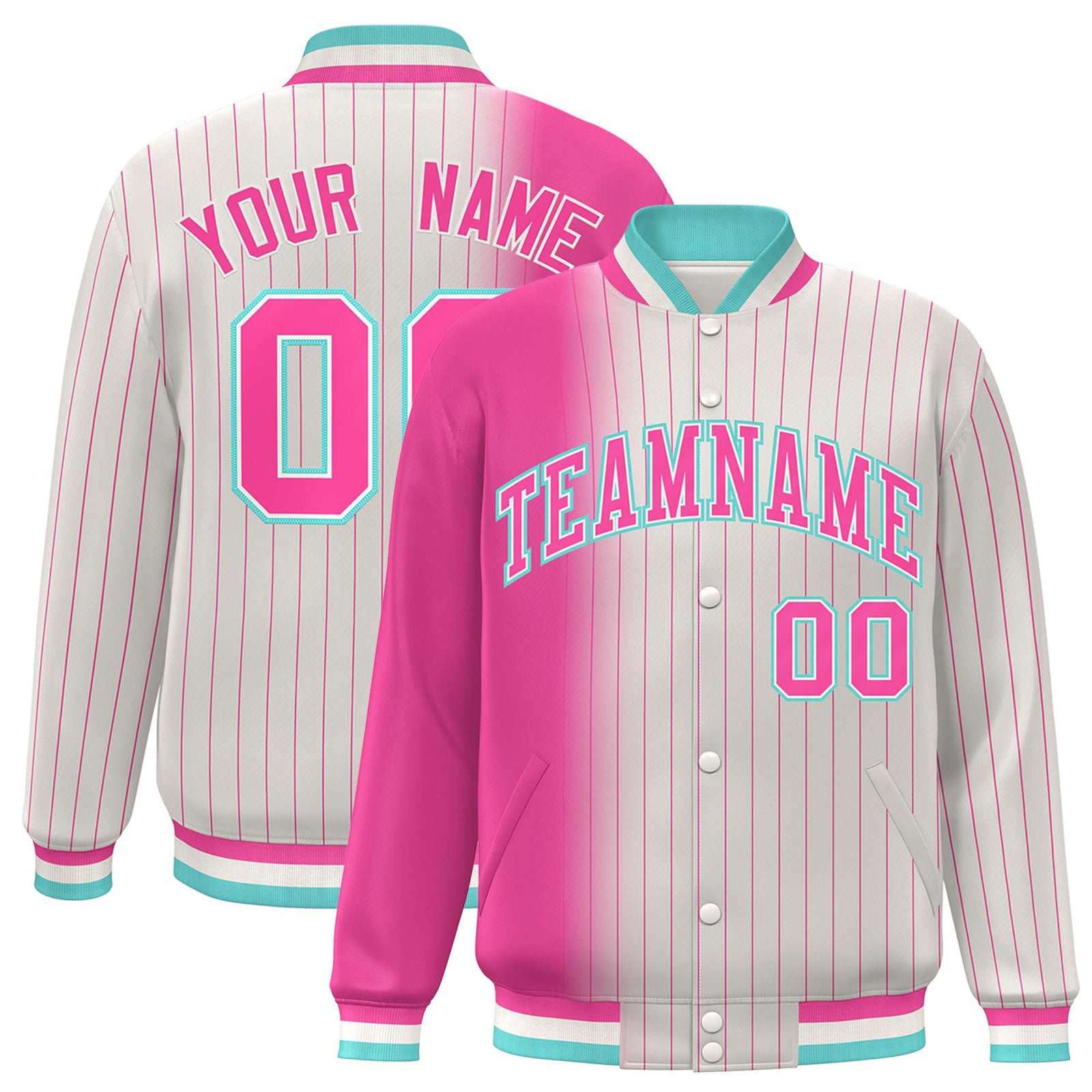 Custom Cream Pink Pinstripe Aqua-Pink Gradient Fashion Varsity Full-Snap Jacket