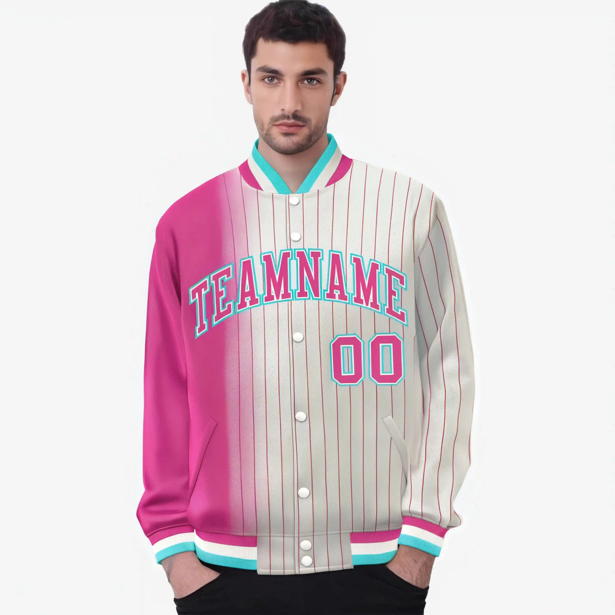 Custom Cream Pink Pinstripe Aqua-Pink Gradient Fashion Varsity Full-Snap Jacket