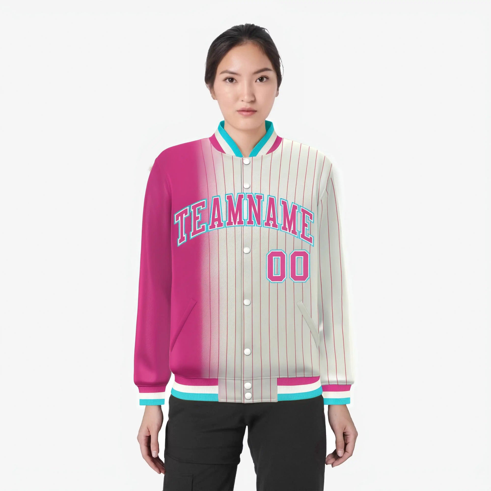 Custom Cream Pink Pinstripe Aqua-Pink Gradient Fashion Varsity Full-Snap Jacket