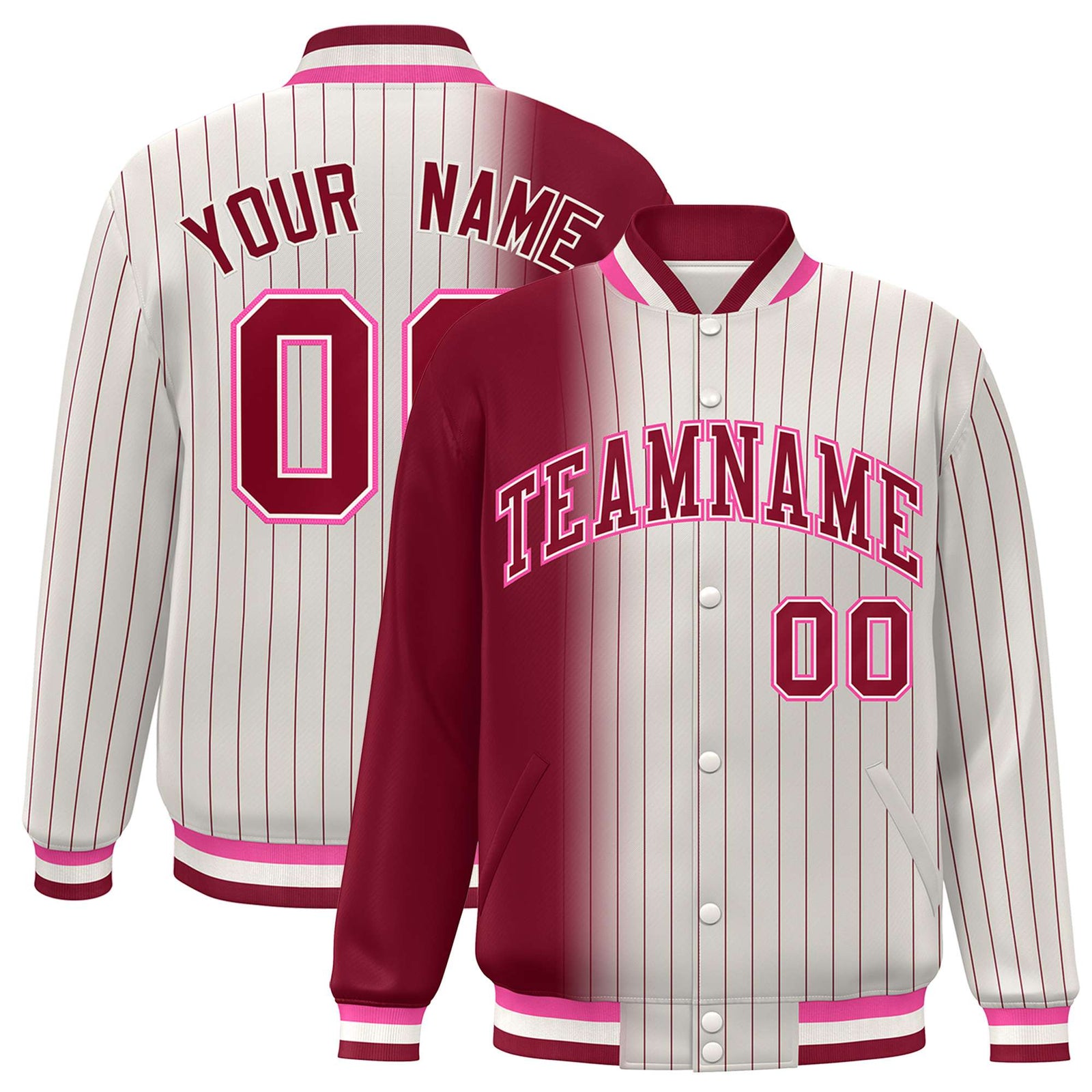 Custom Cream Crimson Pinstripe Pink-Crimson Gradient Fashion Varsity Full-Snap Jacket