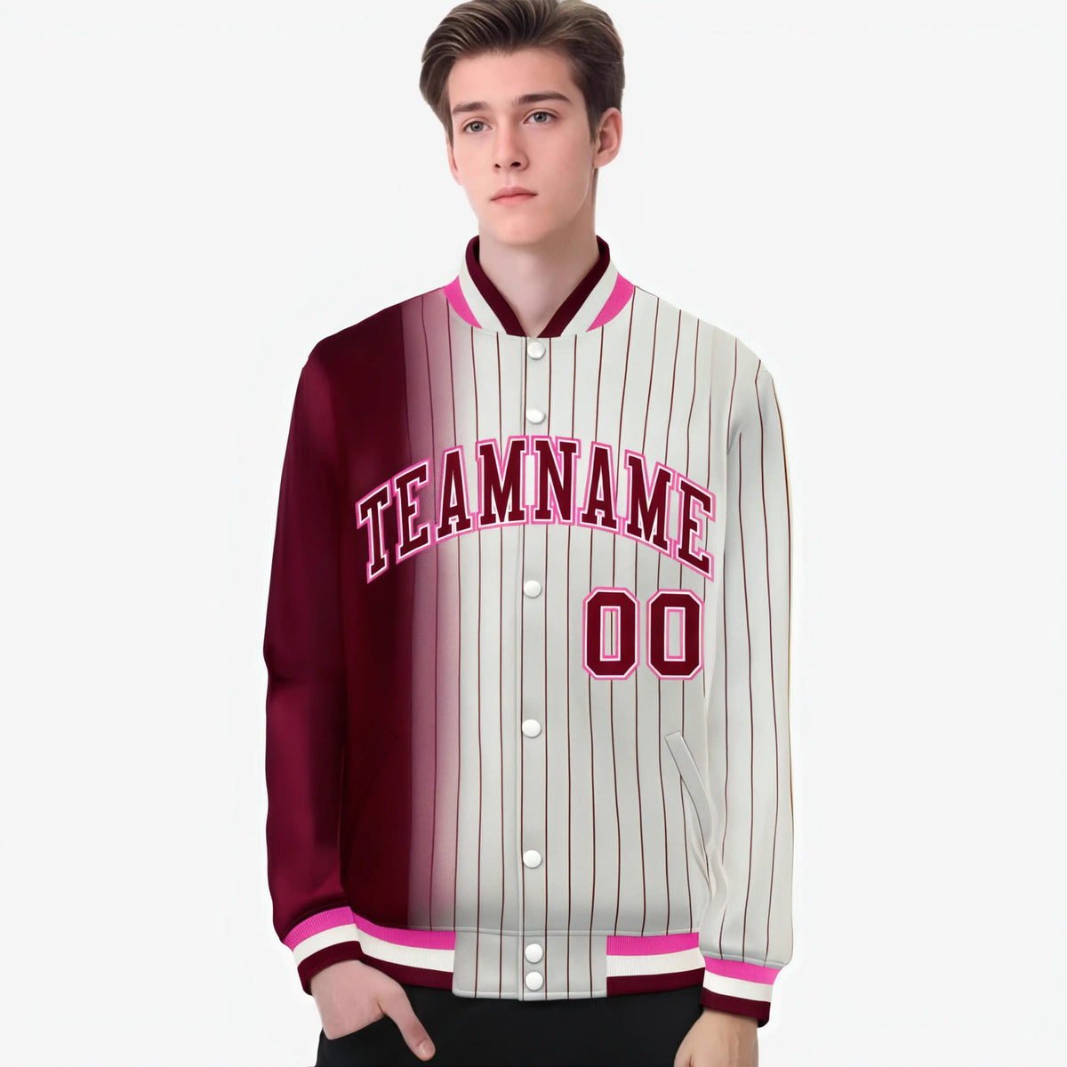 Custom Cream Crimson Pinstripe Pink-Crimson Gradient Fashion Varsity Full-Snap Jacket