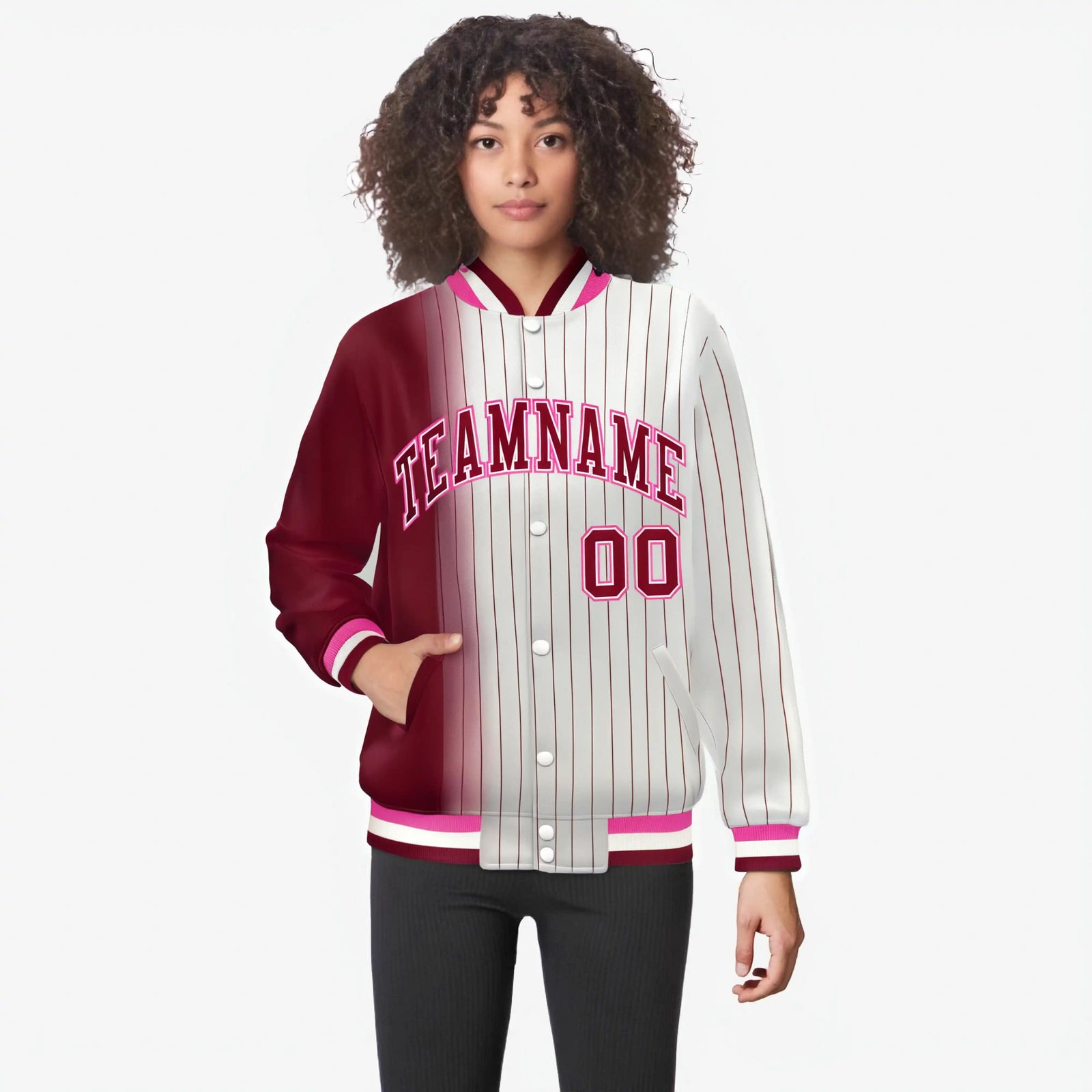 Custom Cream Crimson Pinstripe Pink-Crimson Gradient Fashion Varsity Full-Snap Jacket