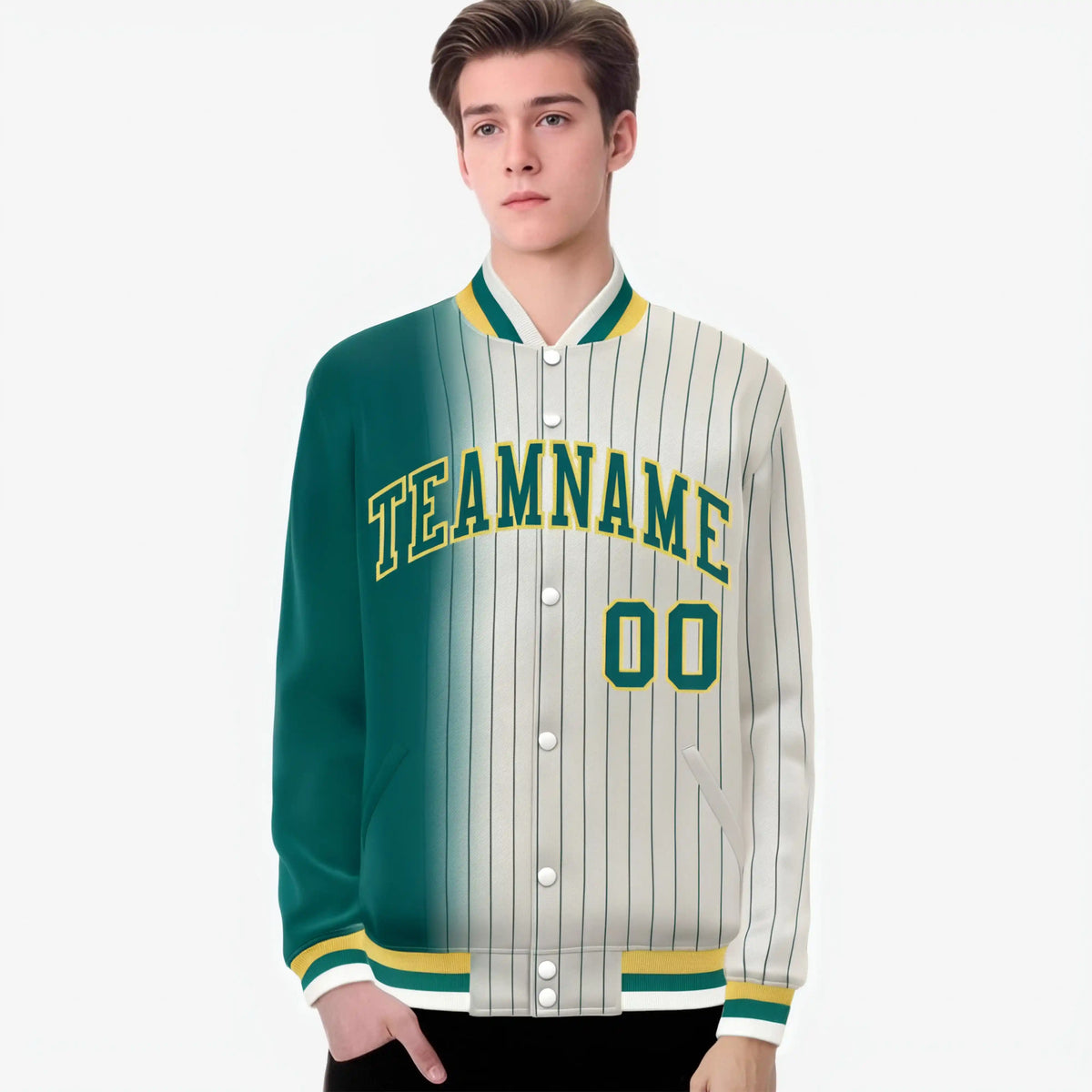 Custom Cream Aqua Pinstripe Gold-Aqua Gradient Fashion Varsity Full-Snap Jacket