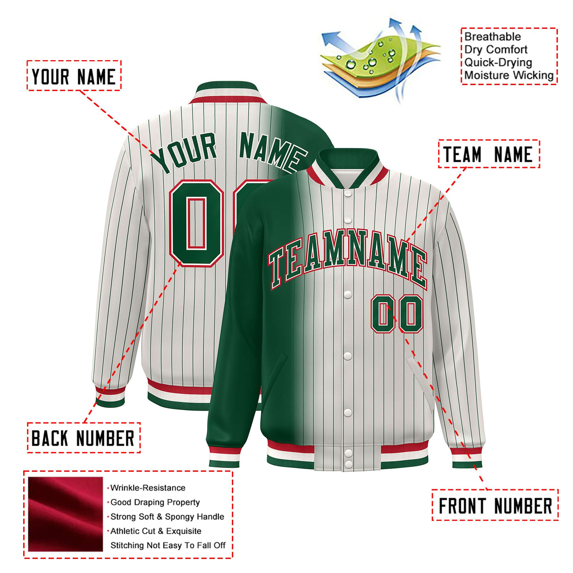 Custom Cream Green Pinstripe Red-Green Gradient Fashion Varsity Full-Snap Jacket