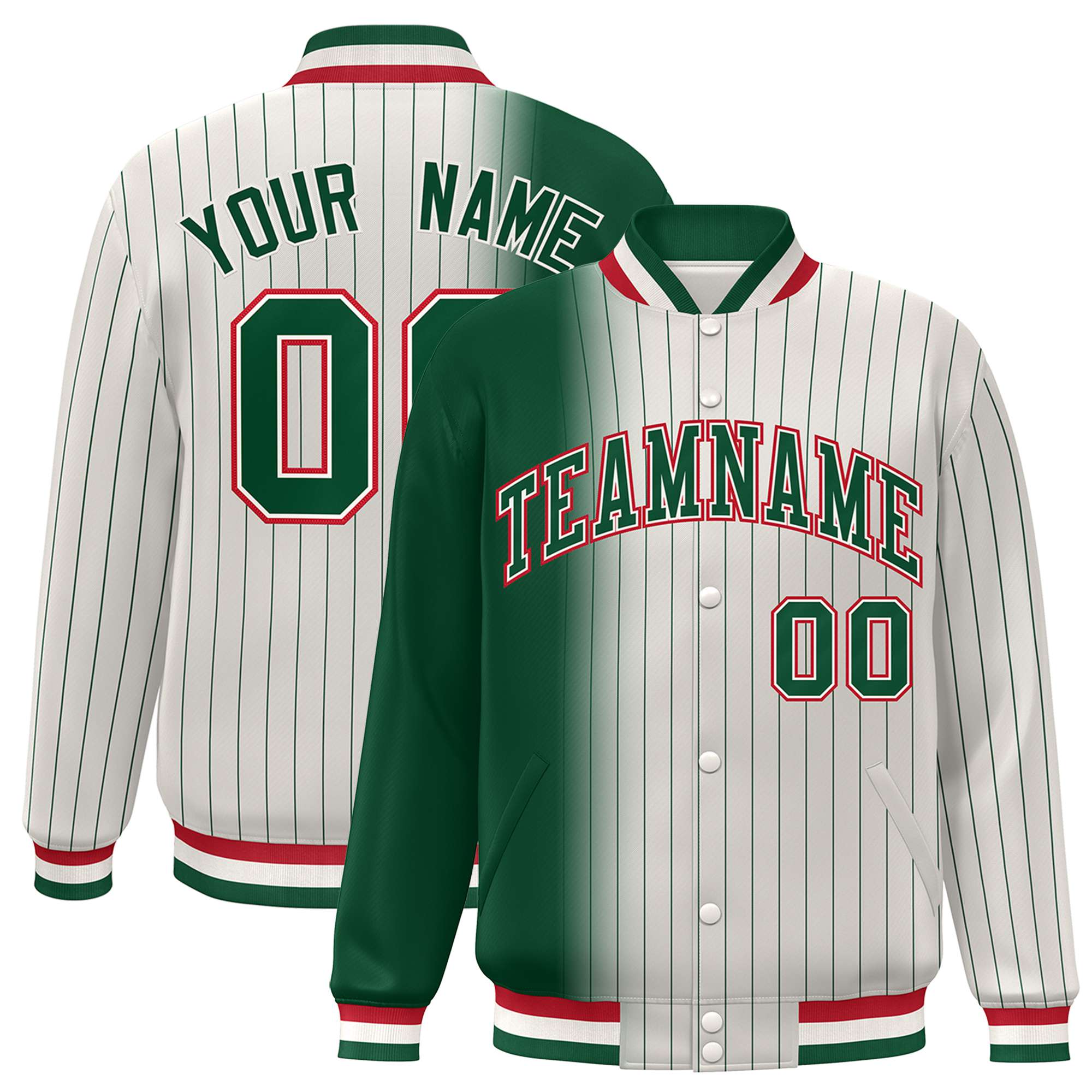 Custom Cream Green Pinstripe Red-Green Gradient Fashion Varsity Full-Snap Jacket