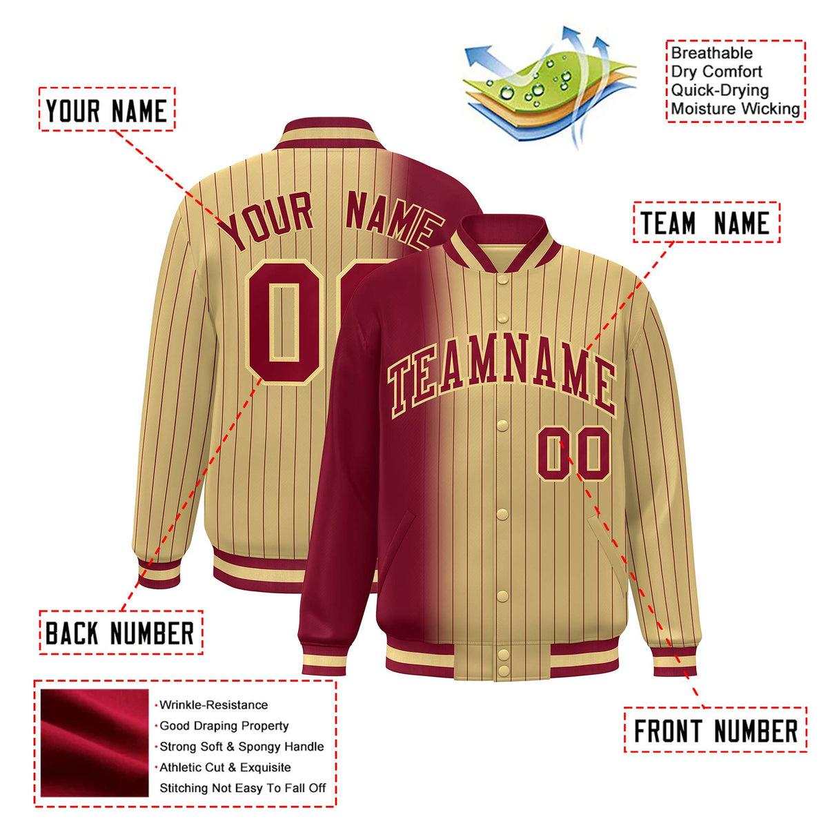 Custom Old Gold Crimson Pinstripe Old Gold-Crimson Gradient Fashion Varsity Full-Snap Jacket