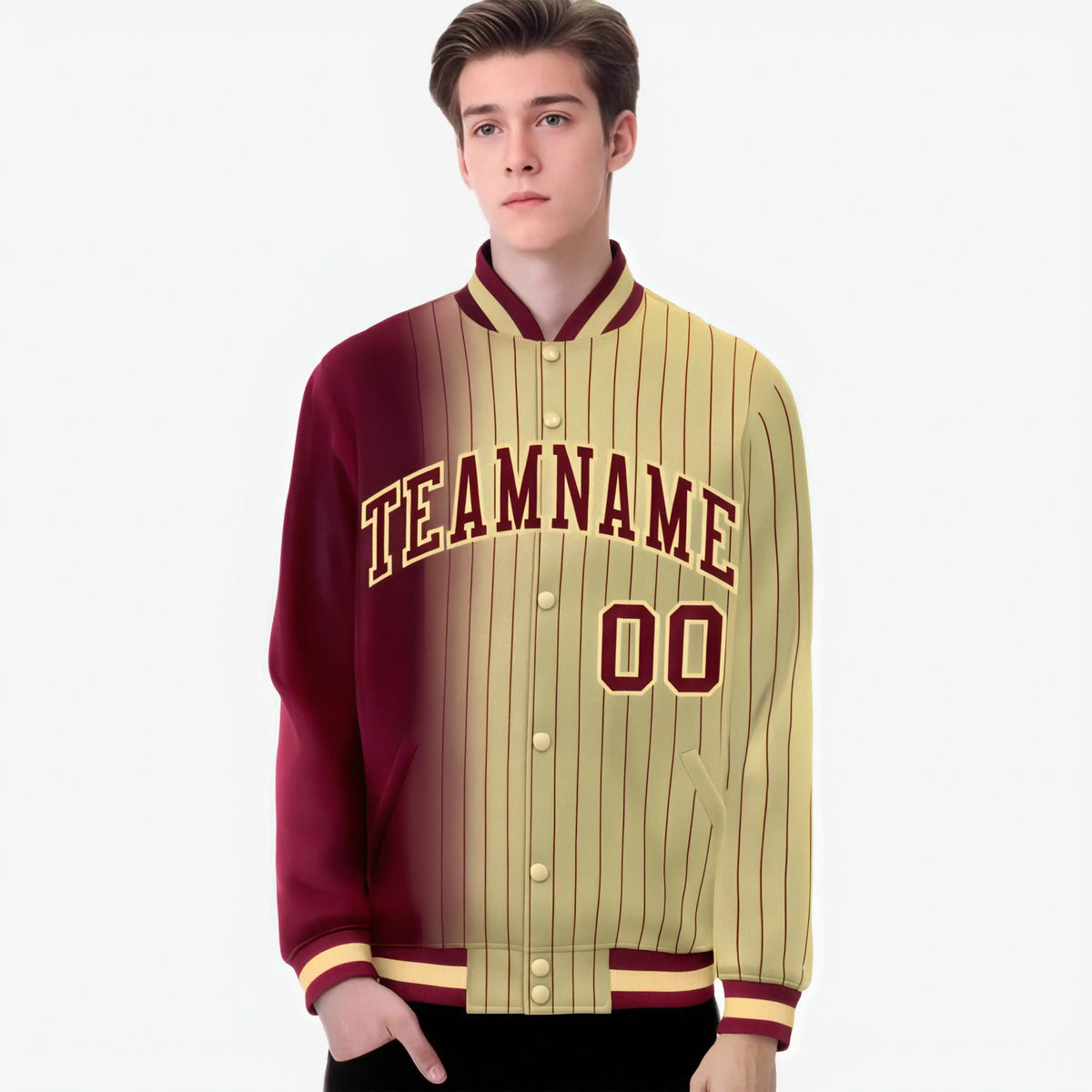 Custom Old Gold Crimson Pinstripe Old Gold-Crimson Gradient Fashion Varsity Full-Snap Jacket