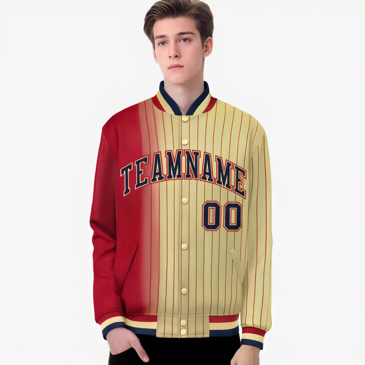 Custom Old Gold Red Pinstripe Navy-Red Gradient Fashion Varsity Full-Snap Jacket