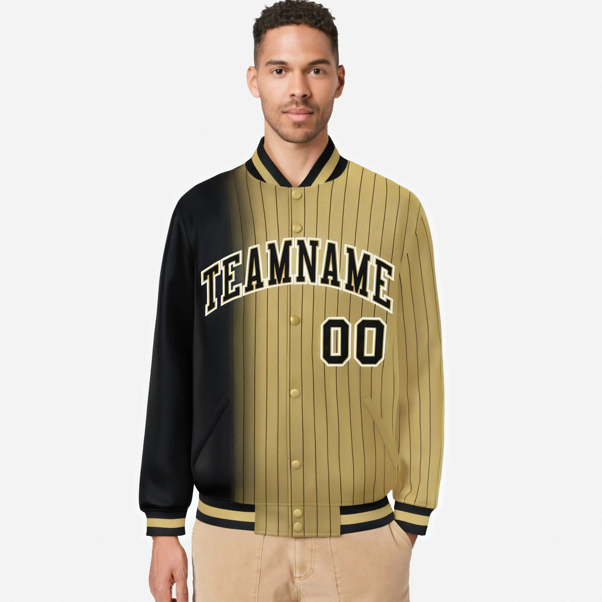Custom Old Gold Black Pinstripe White-Black Gradient Fashion Varsity Full-Snap Jacket