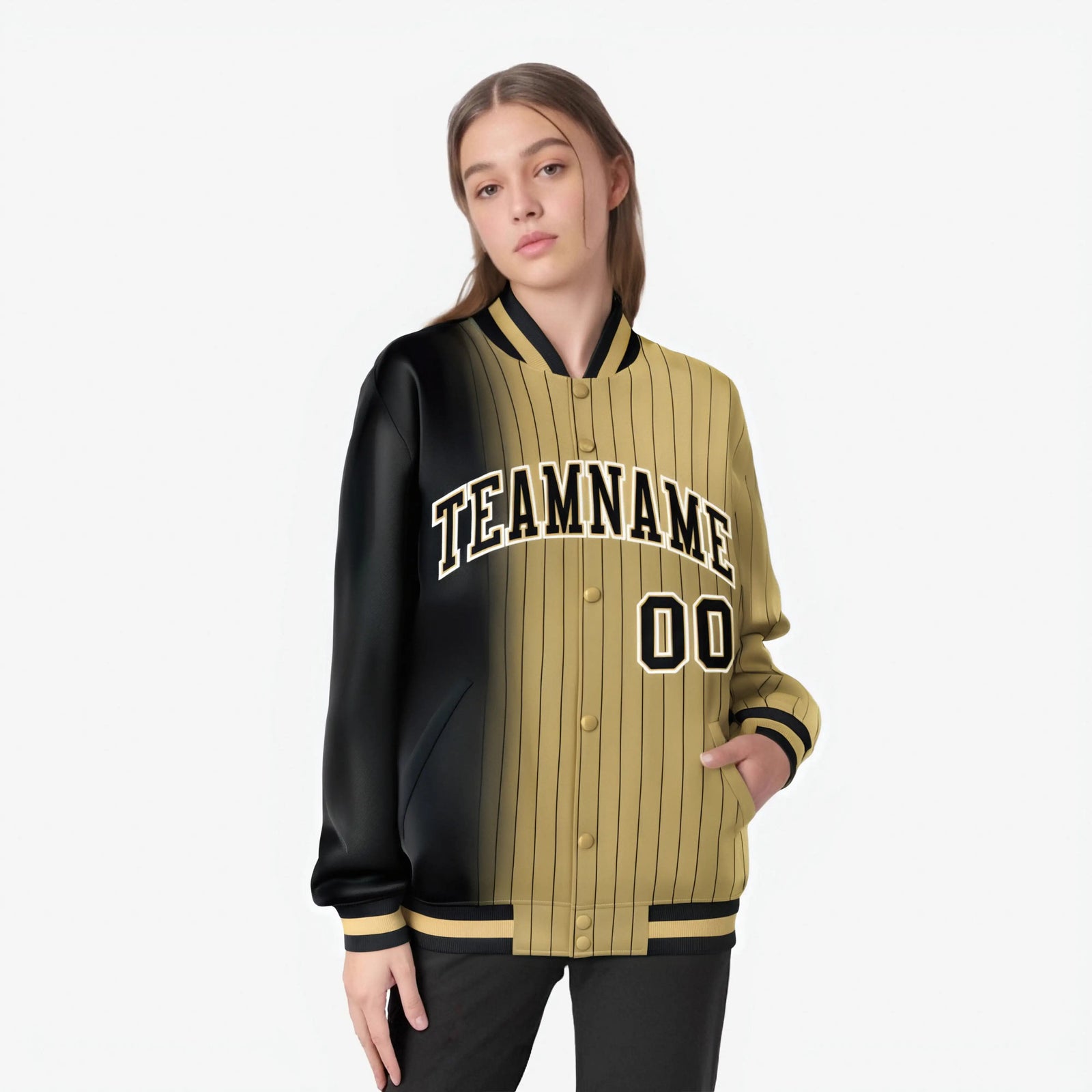 Custom Old Gold Black Pinstripe White-Black Gradient Fashion Varsity Full-Snap Jacket