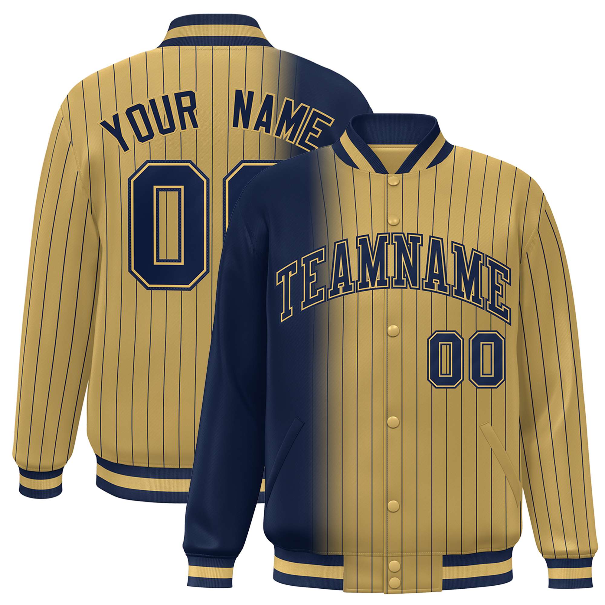 Custom Old Gold Navy Pinstripe Old Gold-Navy Gradient Fashion Varsity Full-Snap Jacket