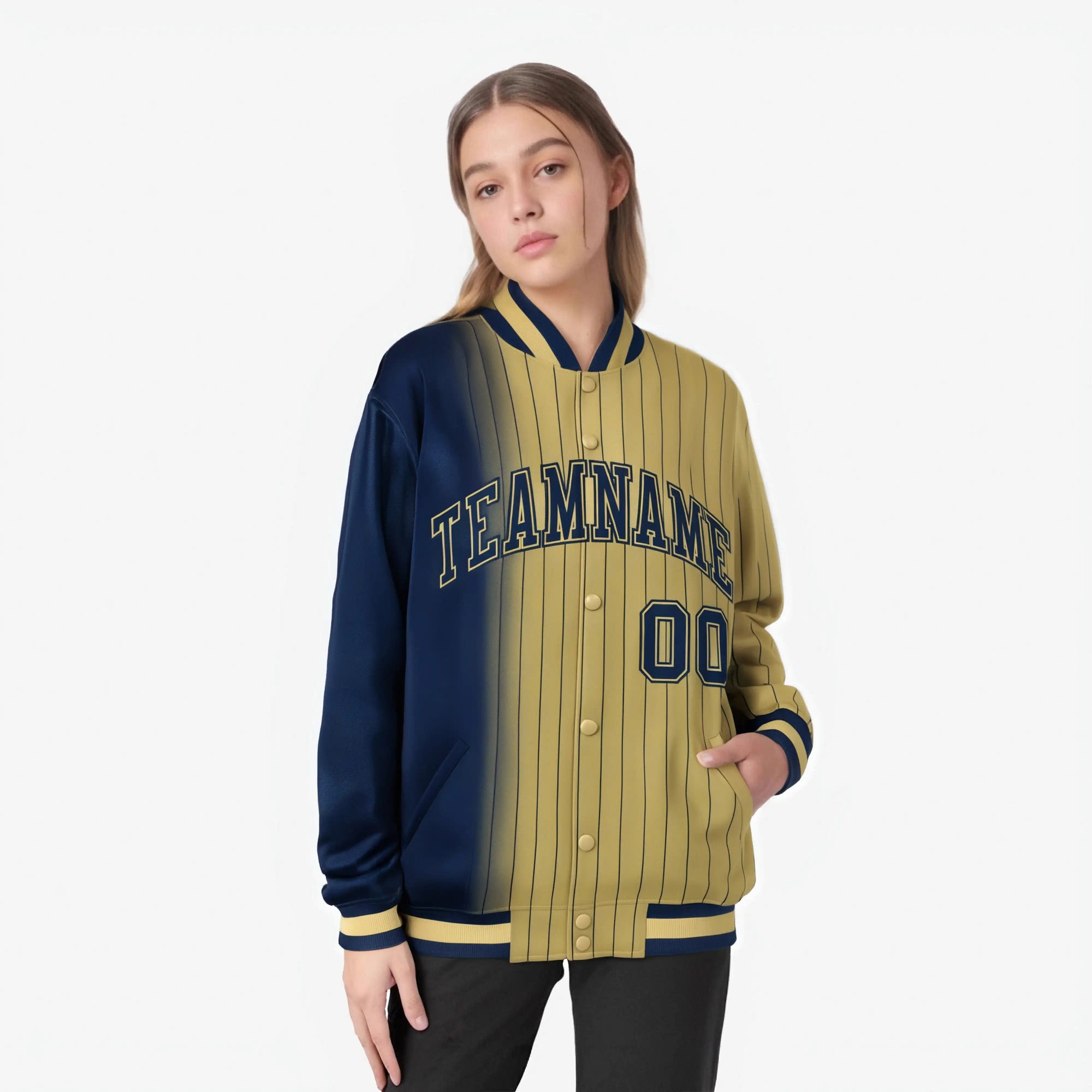 Custom Old Gold Navy Pinstripe Old Gold-Navy Gradient Fashion Varsity Full-Snap Jacket