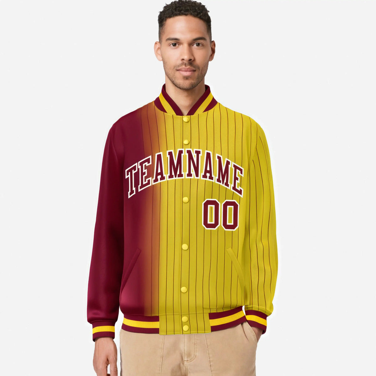 Custom Gold Crimson Pinstripe White-Crimson Gradient Fashion Varsity Full-Snap Jacket