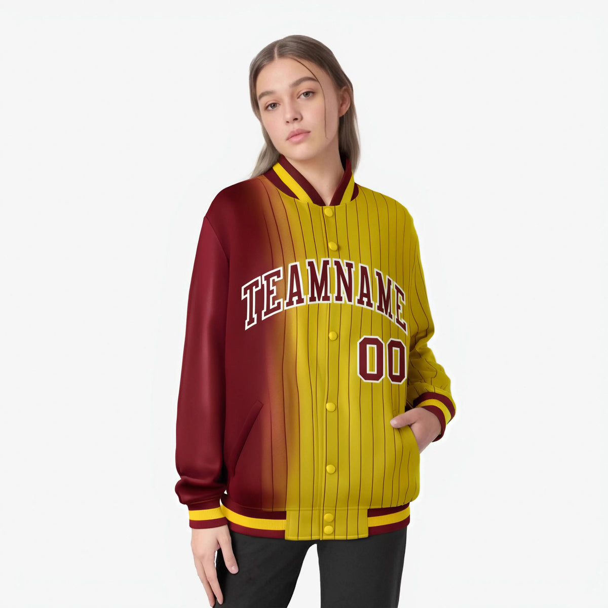 Custom Gold Crimson Pinstripe White-Crimson Gradient Fashion Varsity Full-Snap Jacket